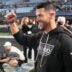 Oct 4, 2026; Charlotte, North Carolina, USA; Carolina Panthers head coach Dave Canales celebrates after a win against the Detroit Lions at Bank of America Stadium.