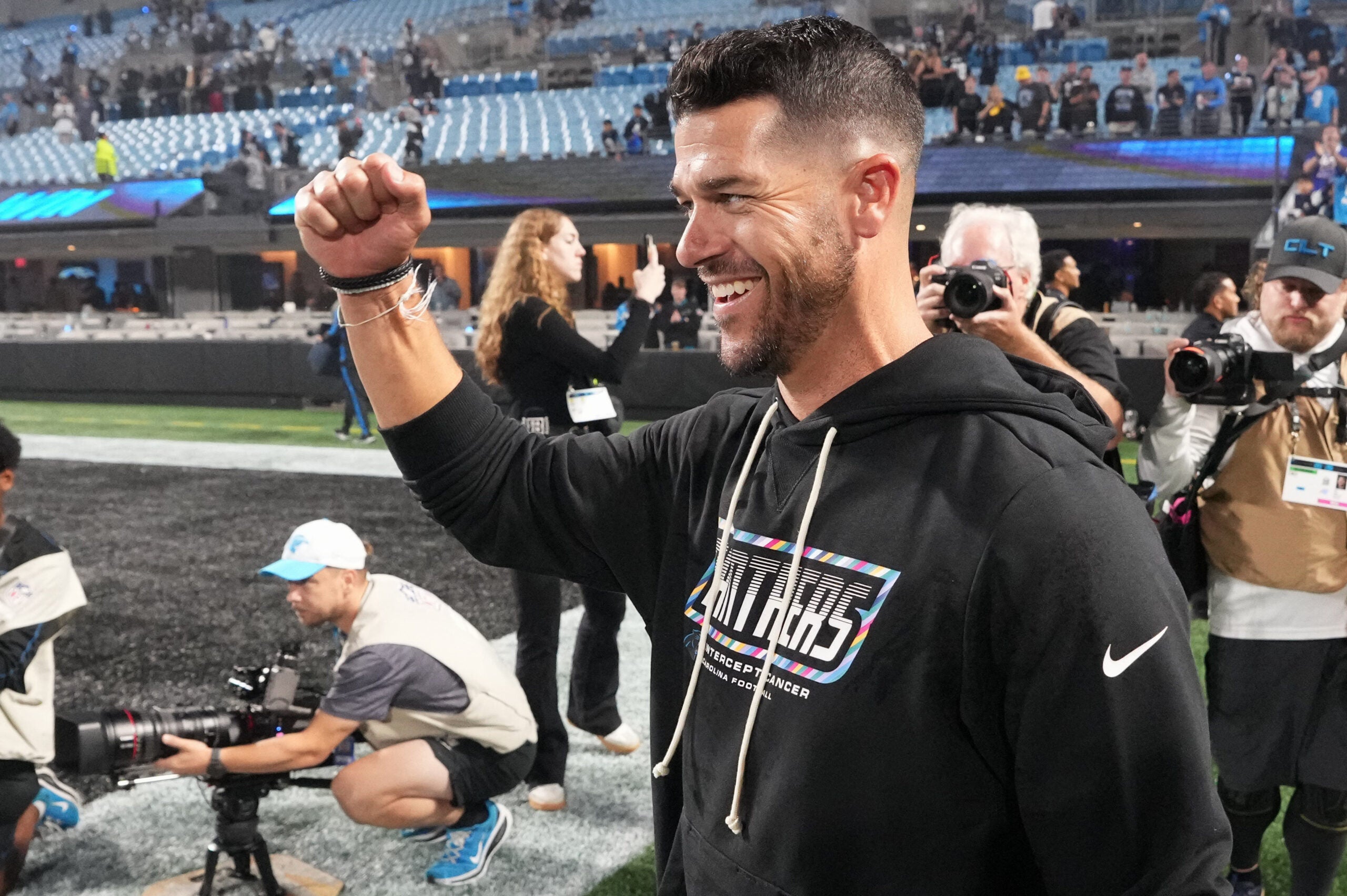 Oct 4, 2026; Charlotte, North Carolina, USA; Carolina Panthers head coach Dave Canales celebrates after a win against the Detroit Lions at Bank of America Stadium.