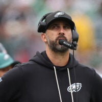 Oct 4, 2026; Philadelphia, Pennsylvania, USA; Philadelphia Eagles head coach Nick Sirianni in a game against the Los Angeles Rams at Lincoln Financial Field.