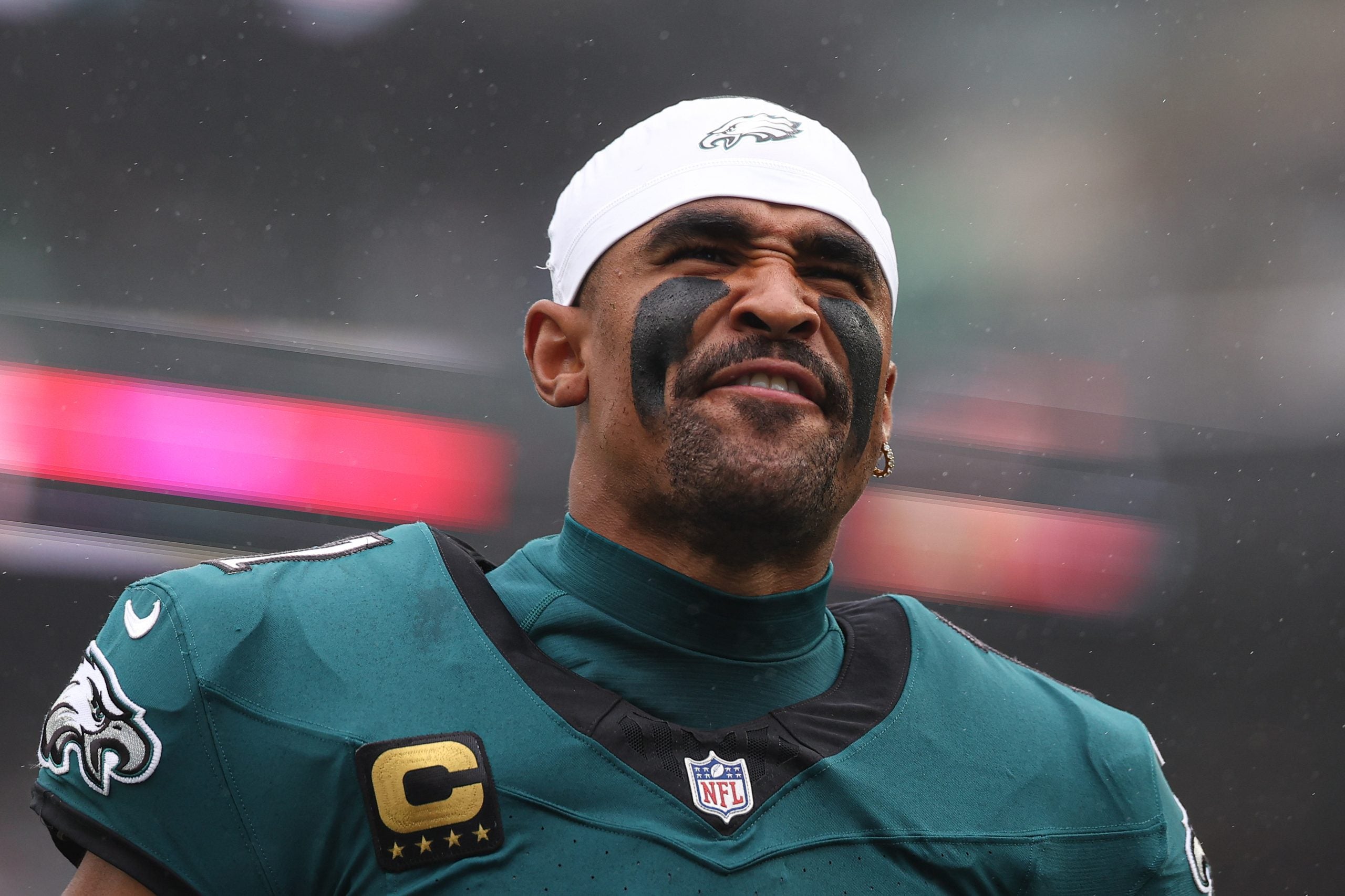 Oct 4, 2026; Philadelphia, Pennsylvania, USA; Philadelphia Eagles quarterback Jalen Hurts (1) before kick off against the Los Angeles Rams at Lincoln Financial Field.