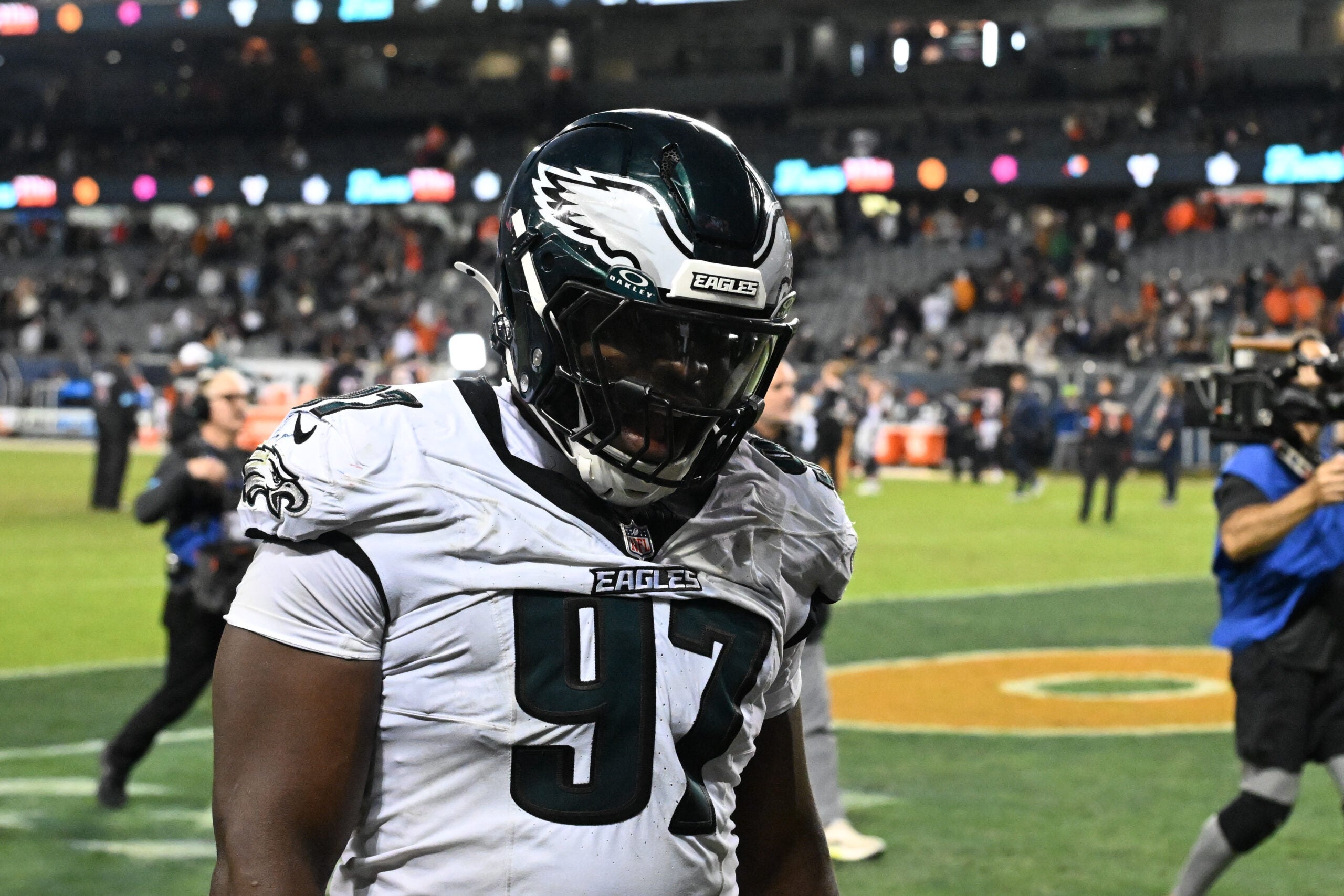 Sep 28, 2026; Chicago, Illinois, USA; Philadelphia Eagles defensive tackle Moro Ojomo (97) is seen against the the Chicago Bears at Soldier Field.