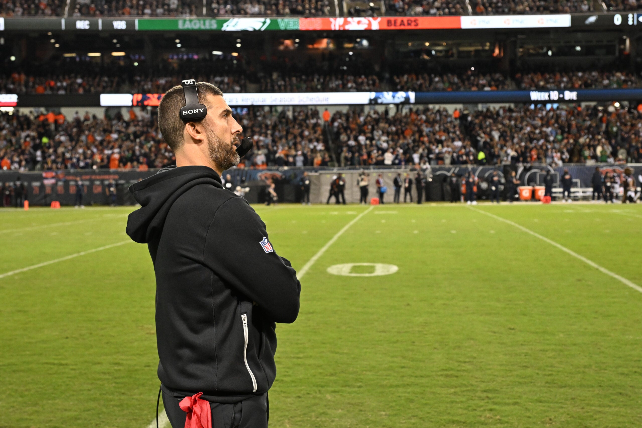 Sep 28, 2026; Chicago, Illinois, USA; Philadelphia Eagles head coach Nick Sirianni looks on during the first half of the game against the Chicago Bears at Soldier Field.