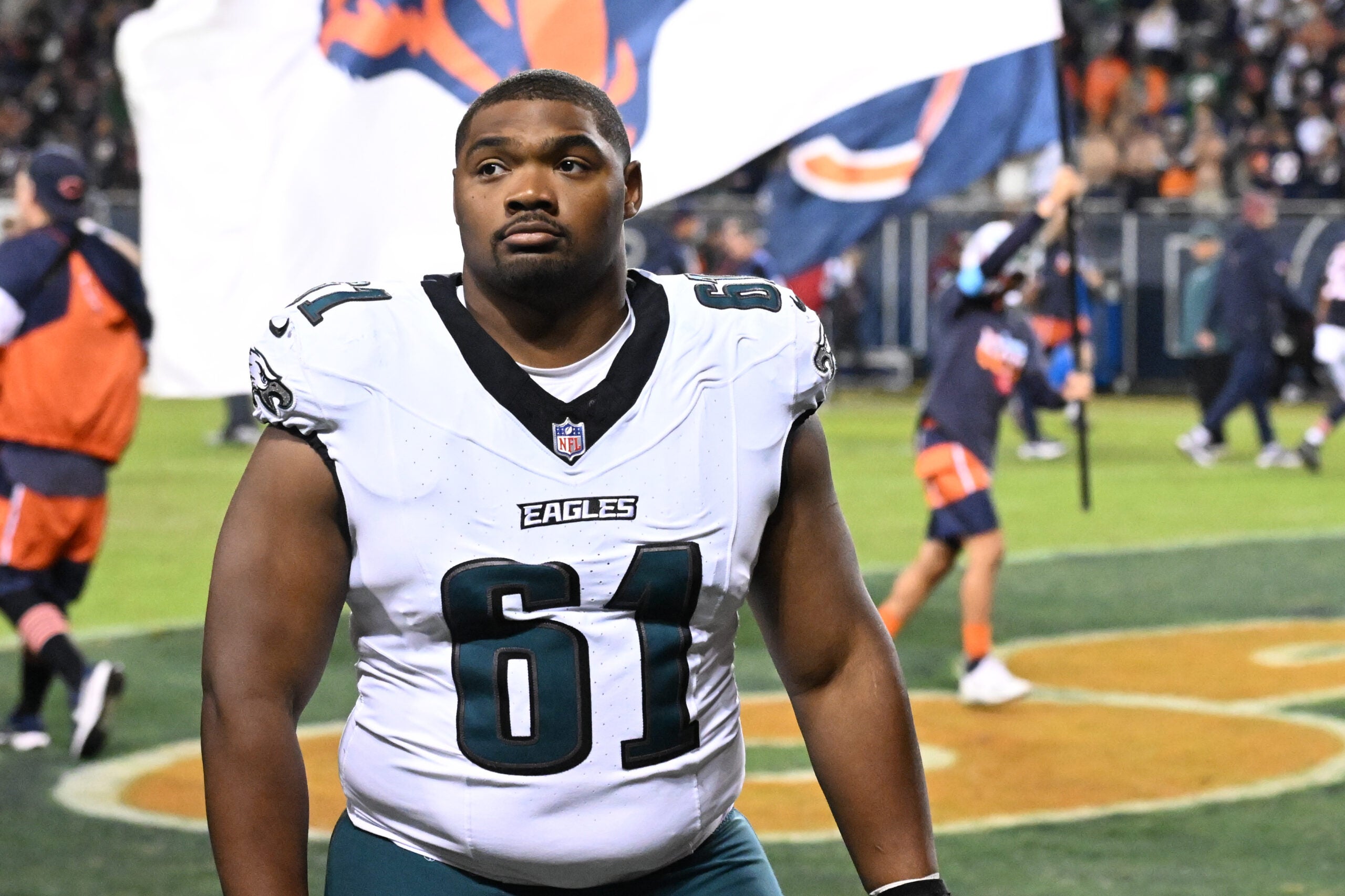 Sep 28, 2026; Chicago, Illinois, USA; Philadelphia Eagles center Willie Lampkin (61) is seen against the the Chicago Bears at Soldier Field.