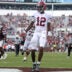 Oct 3, 2026; Starkville, Mississippi, USA; Alabama Crimson Tide quarterback Keelon Russell (12) reacts after a touchdown during the fourth quarter against the Mississippi State Bulldogs at Davis Wade Stadium at Scott Field.