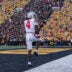 Ohio State Buckeyes wide receiver Jeremiah Smith (4) strikes a Heisman pose after catching a touchdown pass, breaking the school record, during the NCAA football game against the Iowa Hawkeyes at Kinnick Stadium in Iowa City on Oct. 3, 2026.