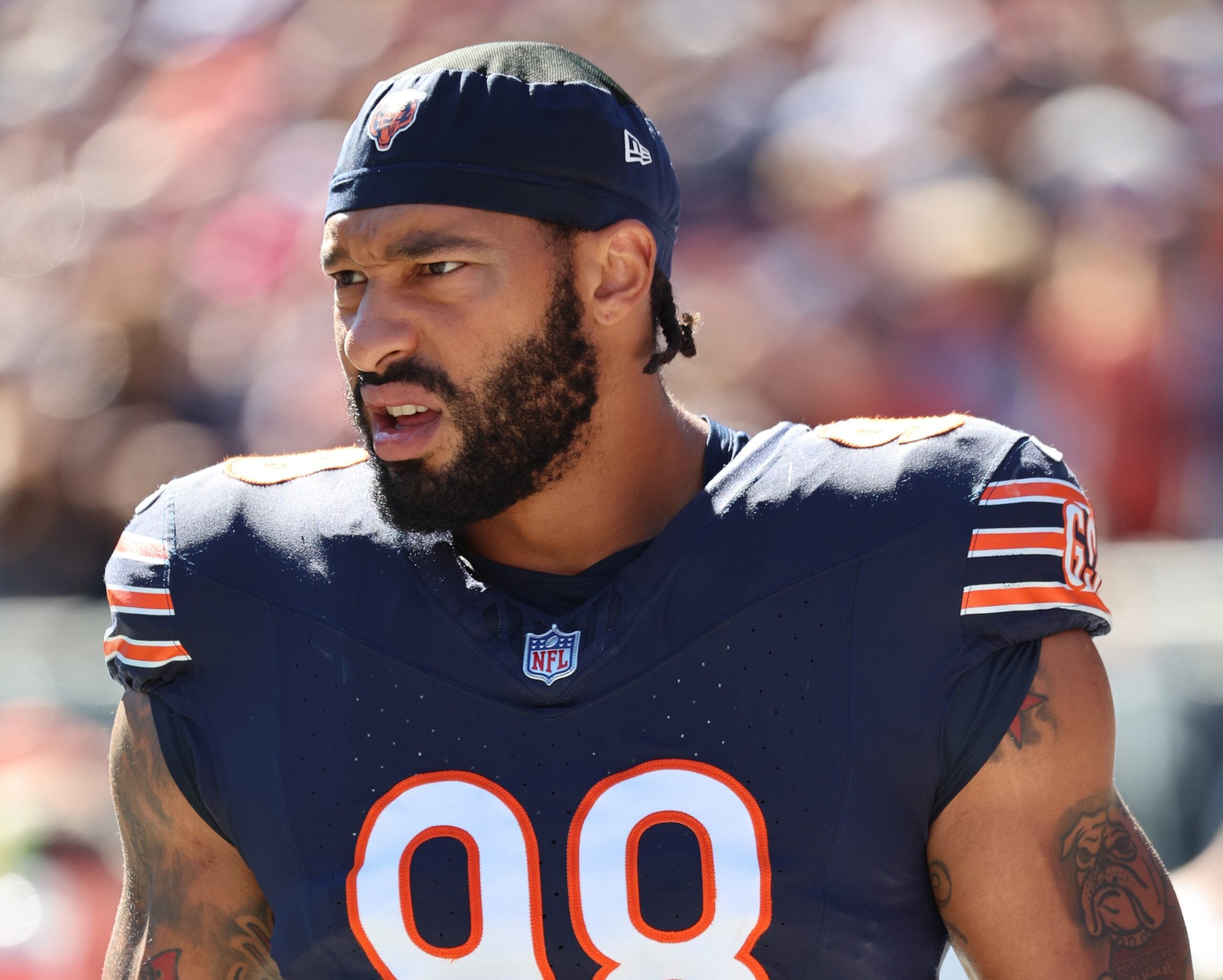 Oct 4, 2026; Chicago, Illinois, USA; Chicago Bears defensive line Montez Sweat (98) after the game against the New York Jets at Soldier Field.