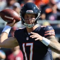 Oct 4, 2026; Chicago, Illinois, USA; Chicago Bears quarterback Tyson Bagent (17) drops back to pass against the New York Jets at Soldier Field.
