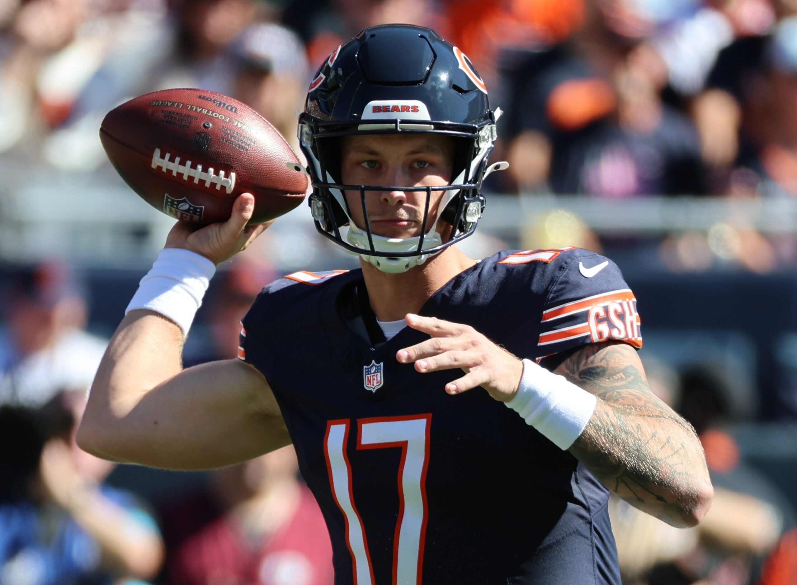 Oct 4, 2026; Chicago, Illinois, USA; Chicago Bears quarterback Tyson Bagent (17) drops back to pass against the New York Jets at Soldier Field.