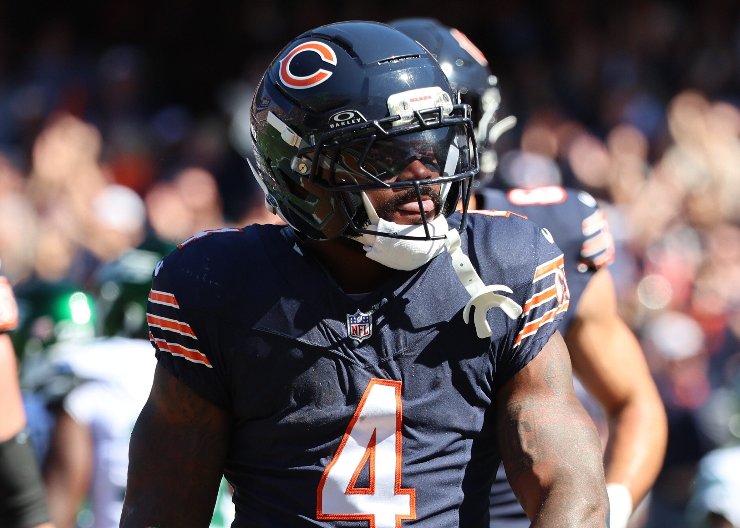 Oct 4, 2026; Chicago, Illinois, USA; Chicago Bears running back D'Andre Swift (4) against the New York Jets at Soldier Field.