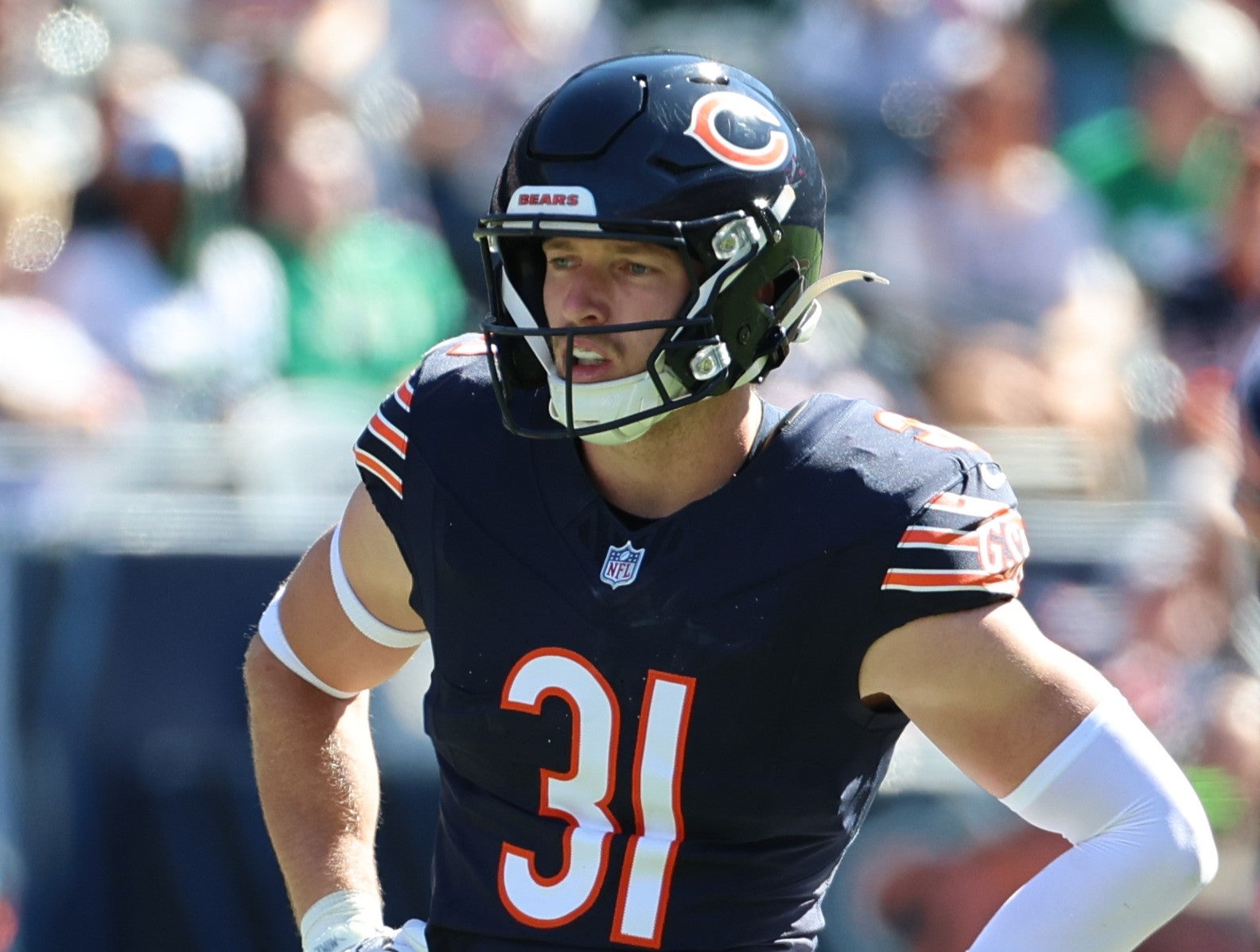 Oct 4, 2026; Chicago, Illinois, USA; Chicago Bears safety Dillon Thieneman (31) against the New York Jets at Soldier Field.