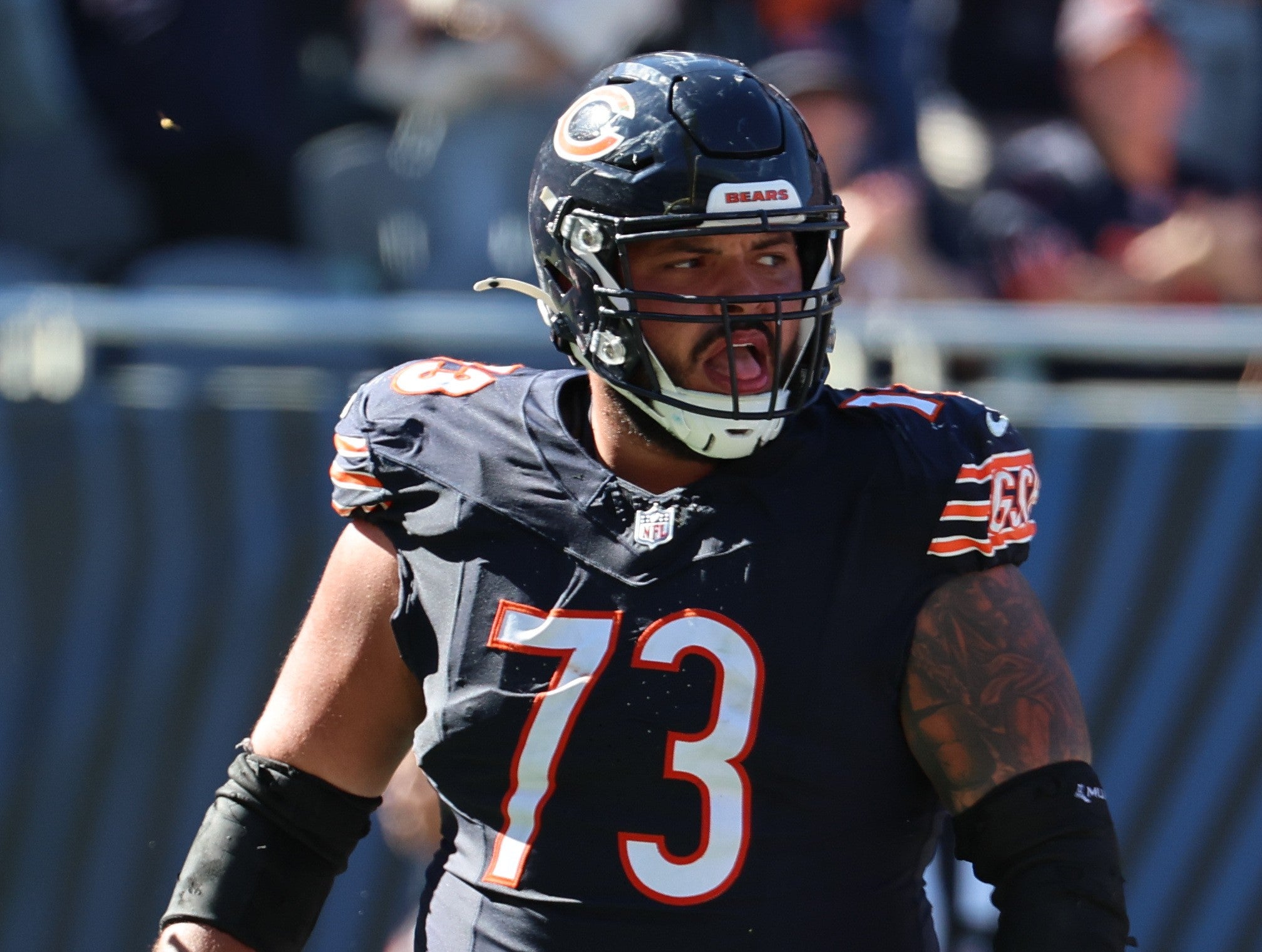Oct 4, 2026; Chicago, Illinois, USA; Chicago Bears offensive line Jonah Jackson (73) against the New York Jets at Soldier Field.