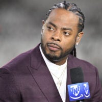 Oct 8, 2026; Arlington, Texas, USA; Amazon Prime analyst Richard Sherman on air before the game at AT&T Stadium.