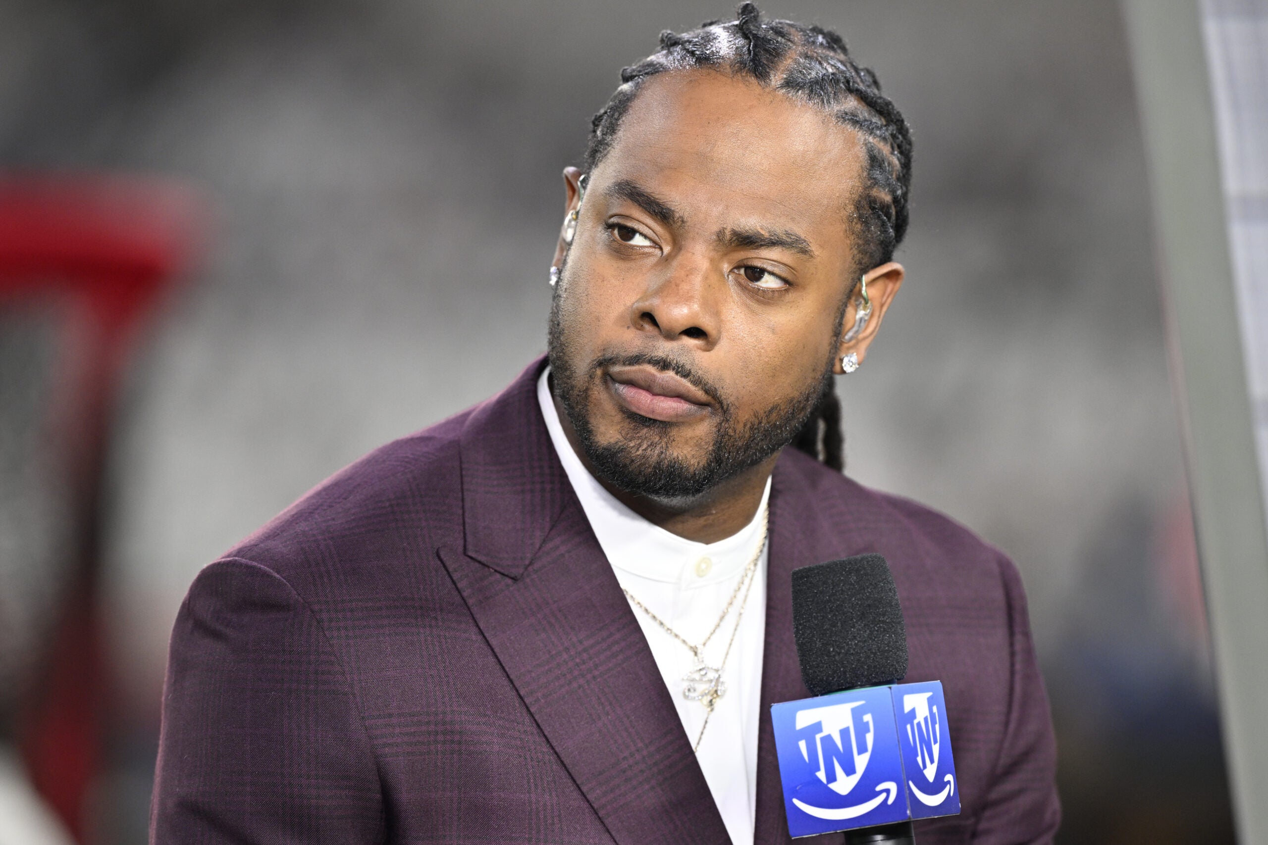 Oct 8, 2026; Arlington, Texas, USA; Amazon Prime analyst Richard Sherman on air before the game at AT&T Stadium.
