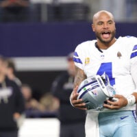 Oct 8, 2026; Arlington, Texas, USA; Dallas Cowboys quarterback Dak Prescott (4) practices before the game at AT&T Stadium.