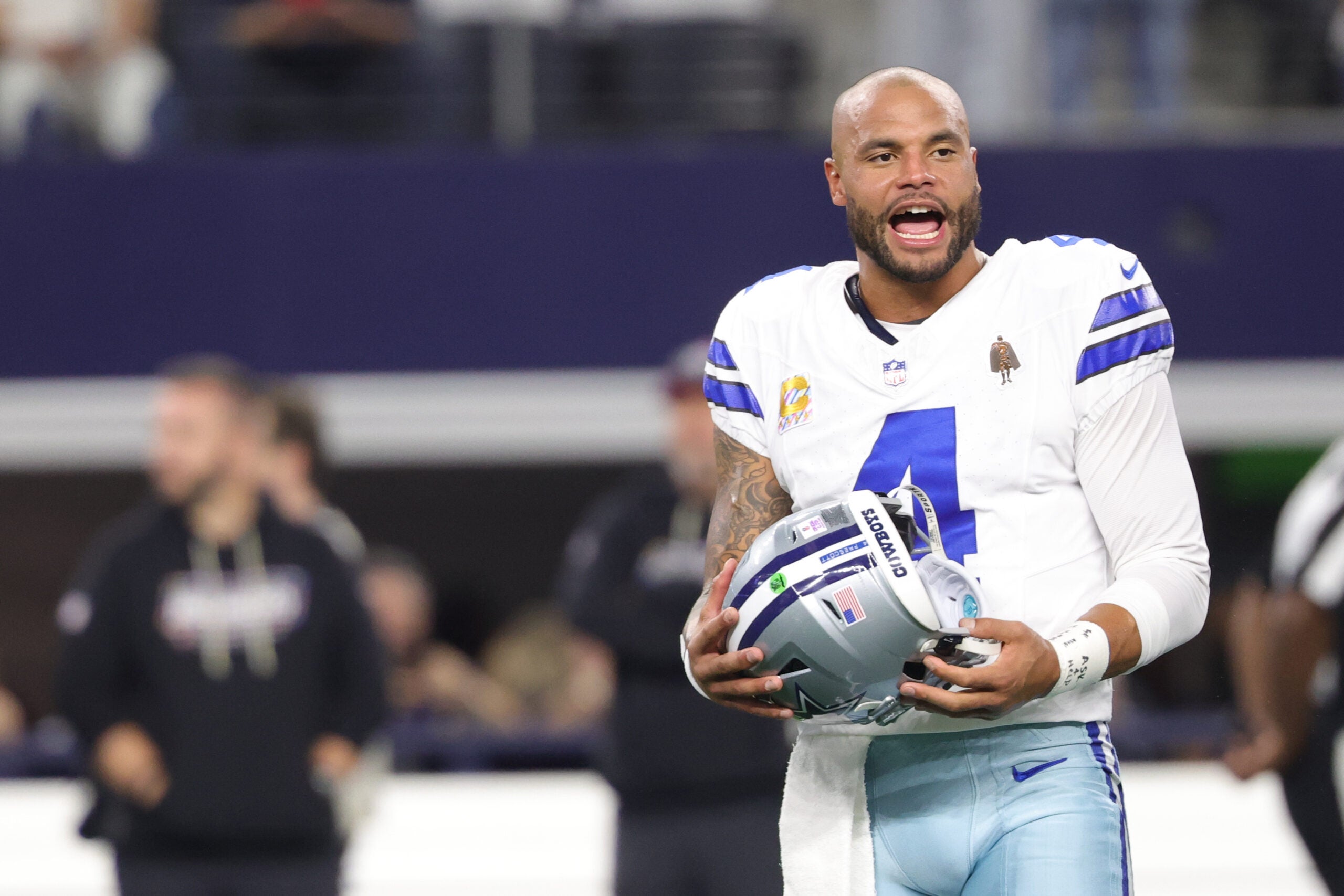 Oct 8, 2026; Arlington, Texas, USA; Dallas Cowboys quarterback Dak Prescott (4) practices before the game at AT&T Stadium.