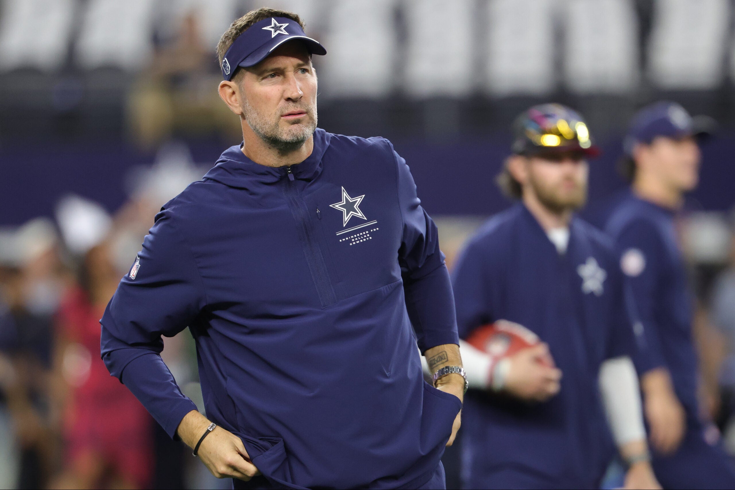 Oct 8, 2026; Arlington, Texas, USA; Dallas Cowboys head coach Brian Schottenheimer before the game at AT&T Stadium.