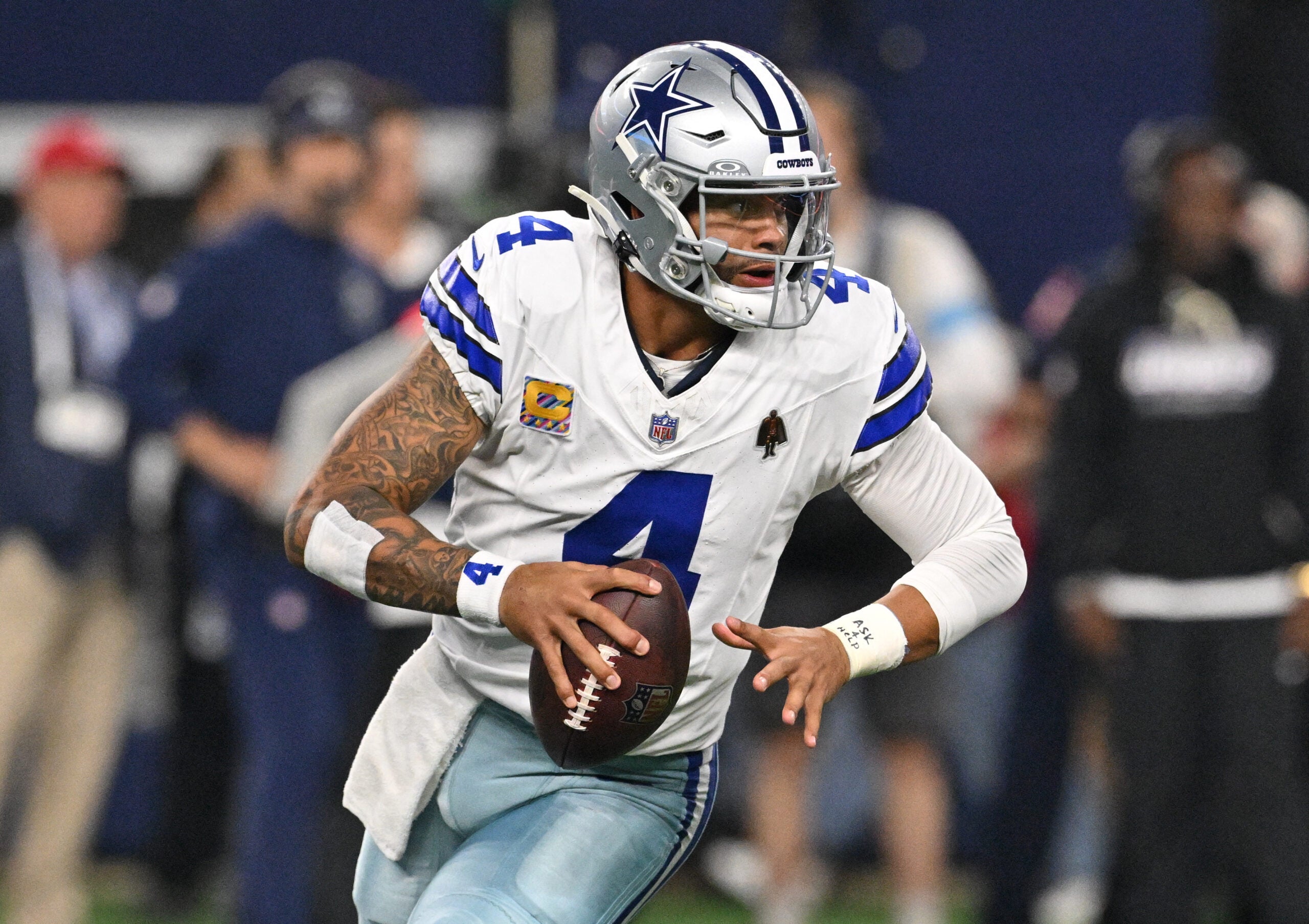 Oct 8, 2026; Arlington, Texas, USA; Dallas Cowboys quarterback Dak Prescott (4) drops back to pass in the first half against the Tampa Bay Buccaneers at AT&T Stadium.