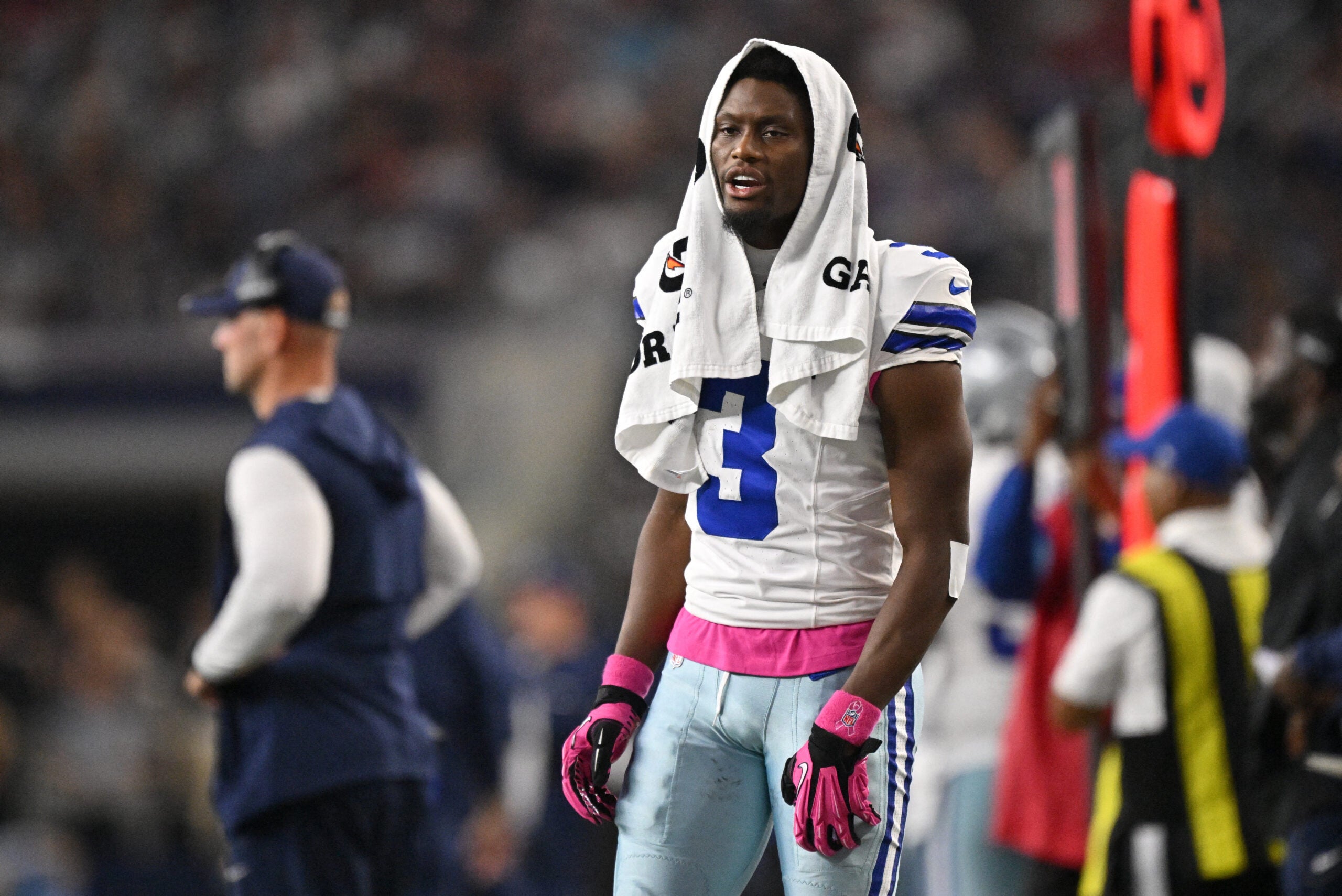 Oct 8, 2026; Arlington, Texas, USA; Dallas Cowboys wide receiver George Pickens (3) reacts against the Tampa Bay Buccaneers at AT&T Stadium.
