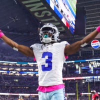 Oct 8, 2026; Arlington, Texas, USA; Dallas Cowboys wide receiver George Pickens (3) reacts after scoring a touchdown during the second half against the Tampa Bay Buccaneers at AT&T Stadium.