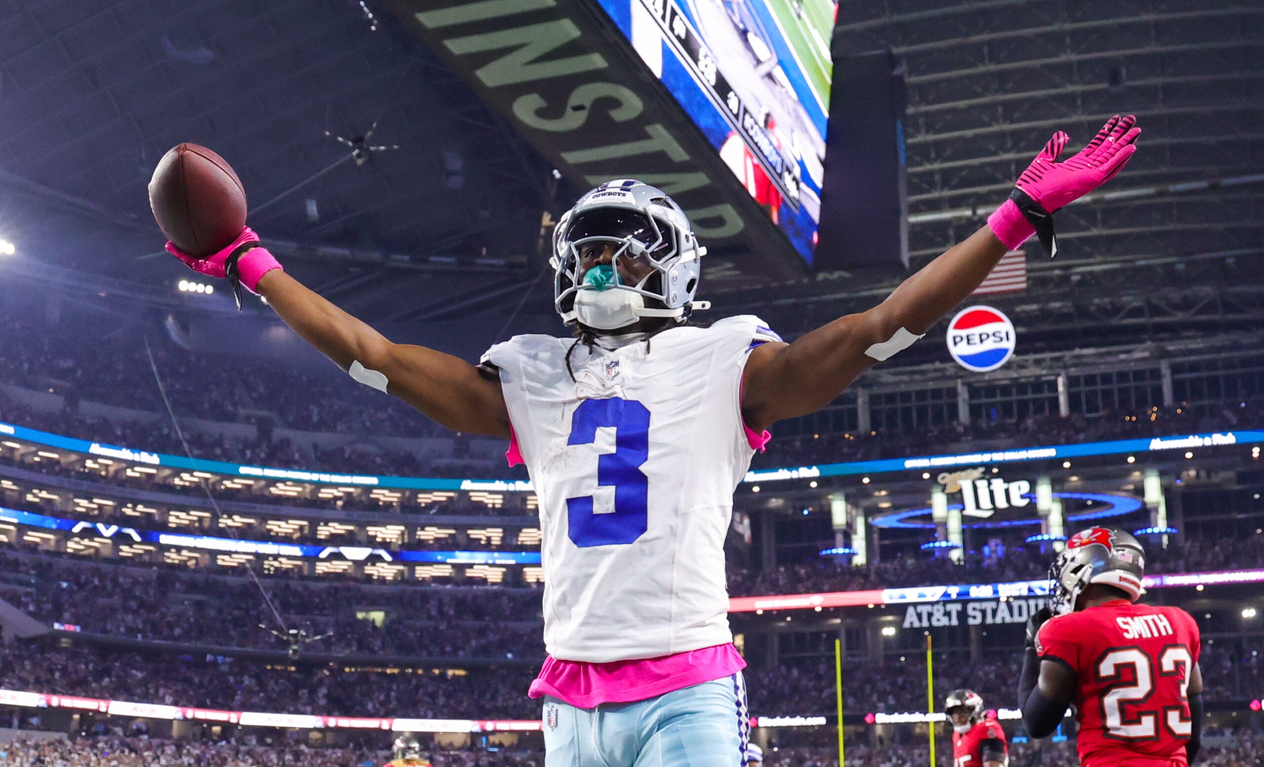 Oct 8, 2026; Arlington, Texas, USA; Dallas Cowboys wide receiver George Pickens (3) reacts after scoring a touchdown during the second half against the Tampa Bay Buccaneers at AT&T Stadium.