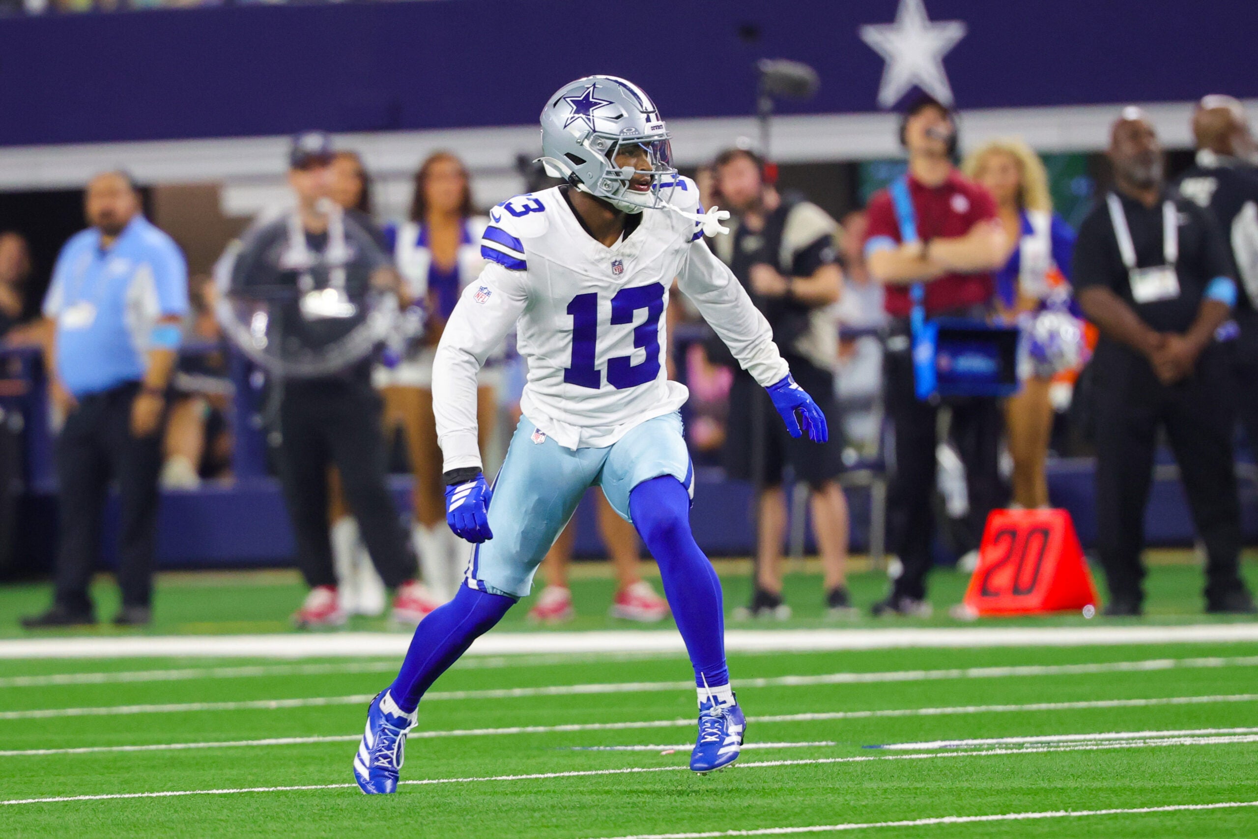 Oct 8, 2026; Arlington, Texas, USA; Dallas Cowboys defensive back Caleb Downs (13) in action during the game against the Tampa Bay Buccaneers at AT&T Stadium.
