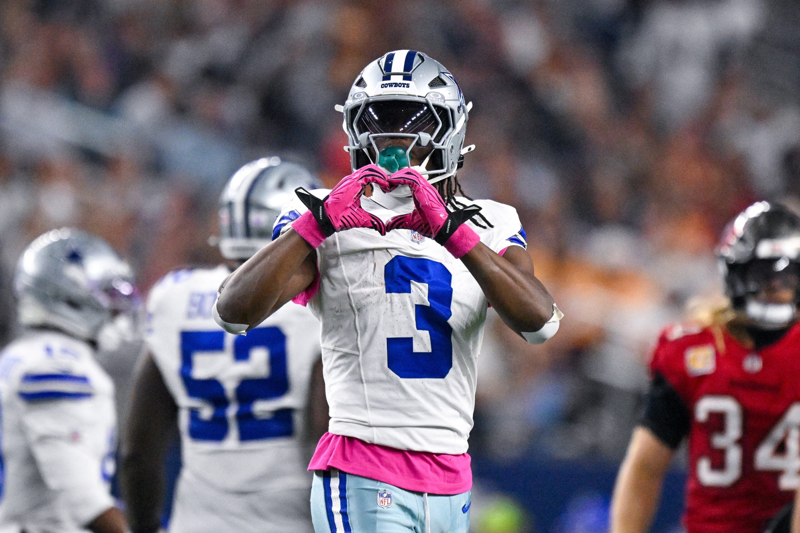 Oct 8, 2026; Arlington, Texas, USA; Dallas Cowboys wide receiver George Pickens (3) celebrates during the game between the Cowboys and the Buccaneers at AT&T Stadium.