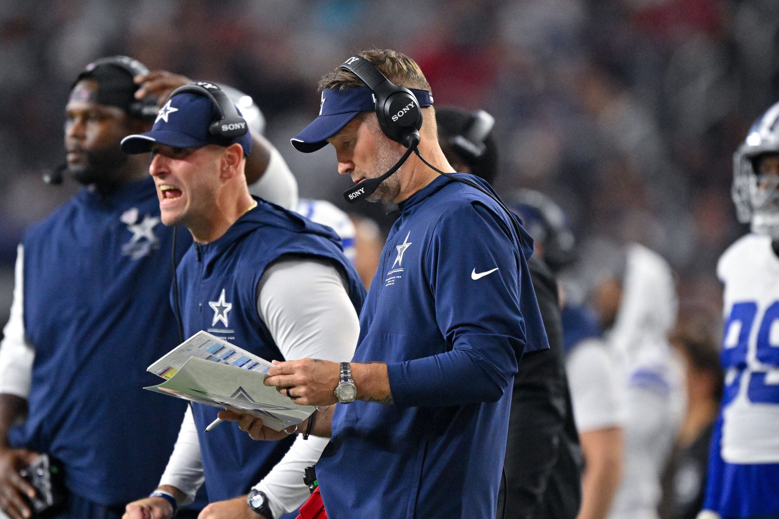 Oct 8, 2026; Arlington, Texas, USA; Dallas Cowboys head coach Brian Schottenheimer looks on during the game between the Cowboys and the Buccaneers at AT&T Stadium.