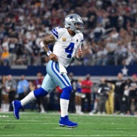 Oct 8, 2026; Arlington, Texas, USA; Dallas Cowboys quarterback Dak Prescott (4) celebrates during the game between the Cowboys and the Buccaneers at AT&T Stadium.