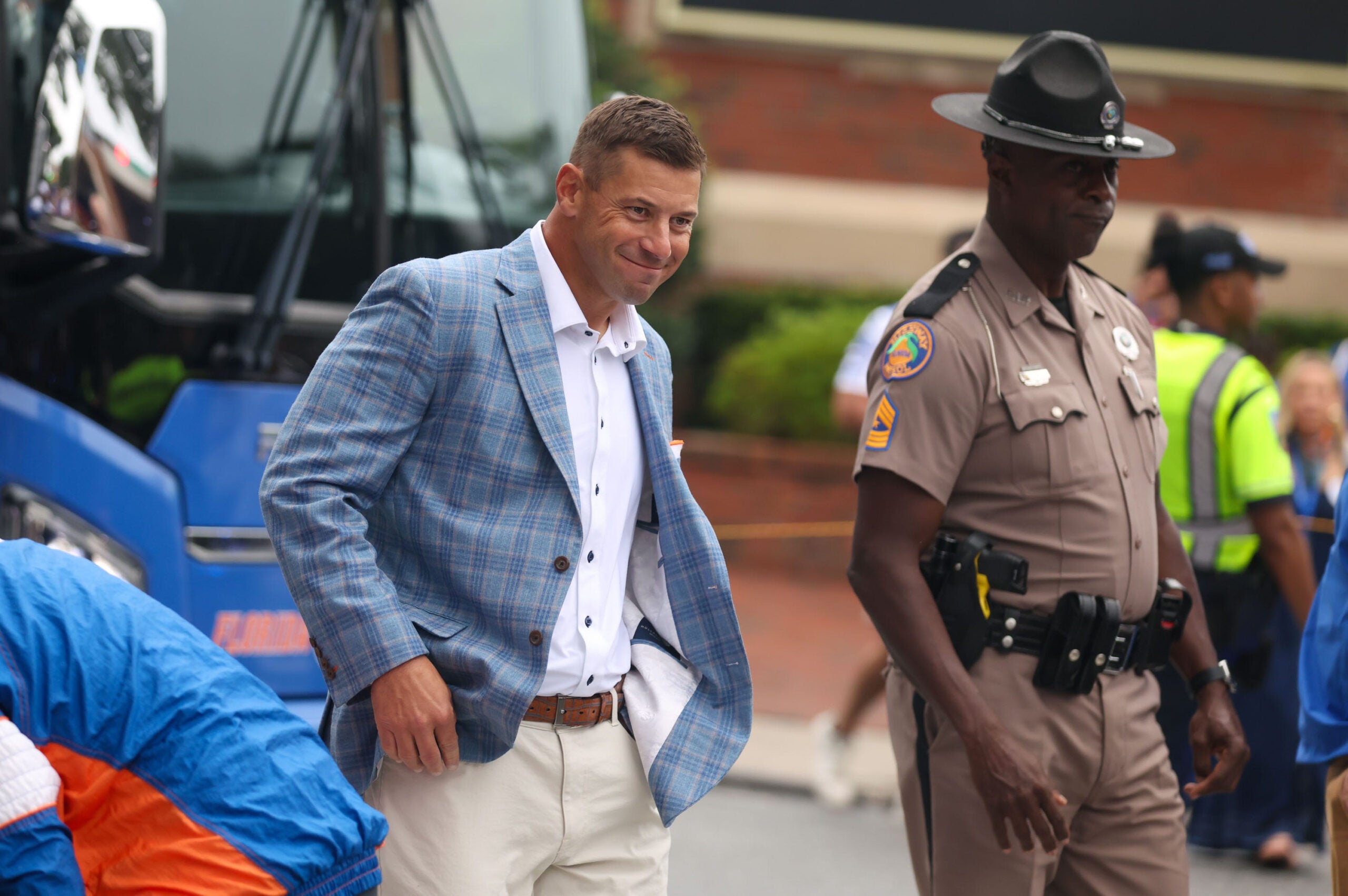 Florida head coach Jon Sumrall gets off the bus during Gator Walk before an NCAA football at Steve Spurrier Field at Ben Hill Griffin Stadium in Gainesville, FL on Saturday, October 10, 2026.