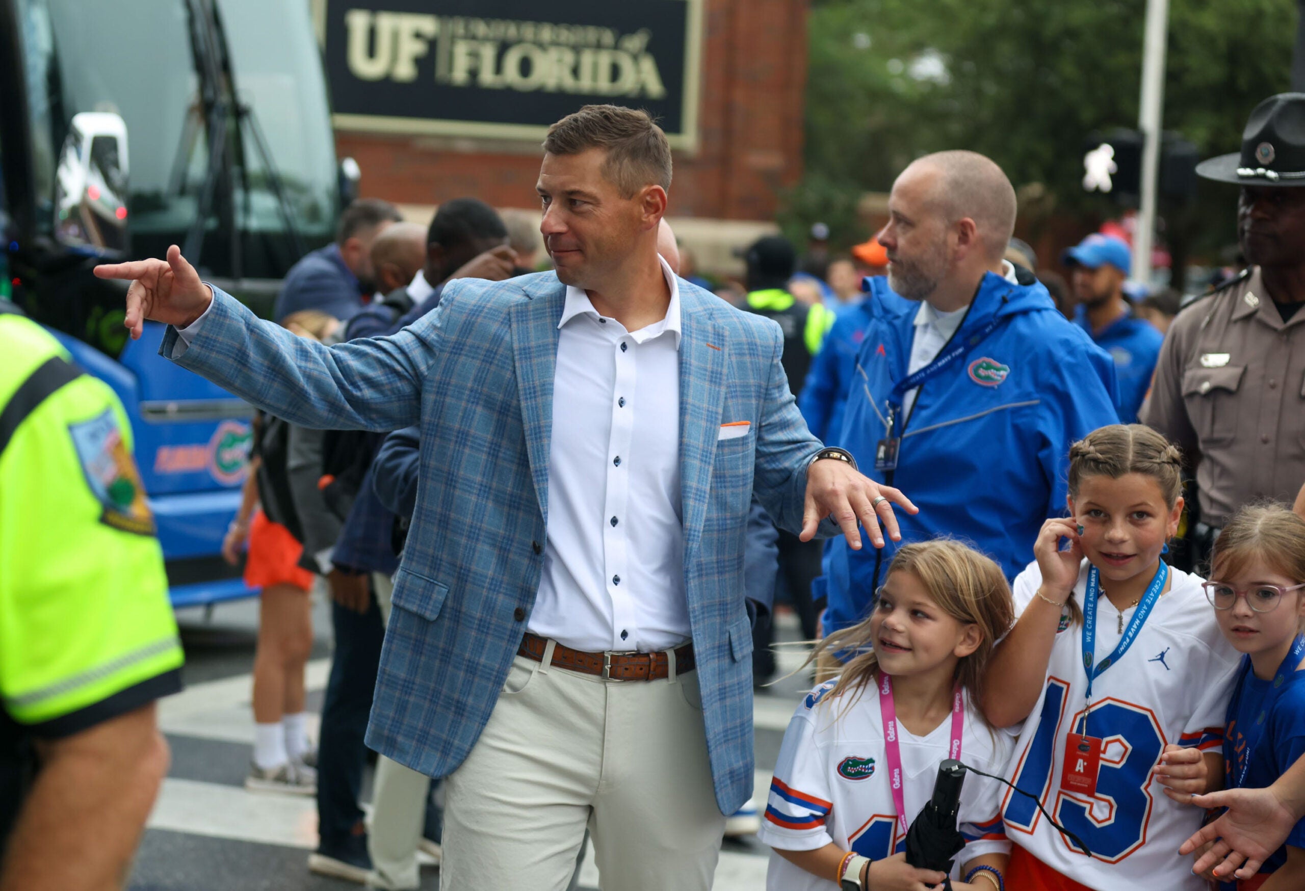 Florida head coach Jon Sumrall gets off the bus during Gator Walk before an NCAA football at Steve Spurrier Field at Ben Hill Griffin Stadium in Gainesville, FL on Saturday, October 10, 2026.