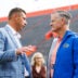 Oct 10, 2026; Gainesville, Florida, USA; Florida Gators head coach Jon Sumrall and Florida Gators athletic director Scott Stricklin talk before a game against the South Carolina Gamecocks at Ben Hill Griffin Stadium.