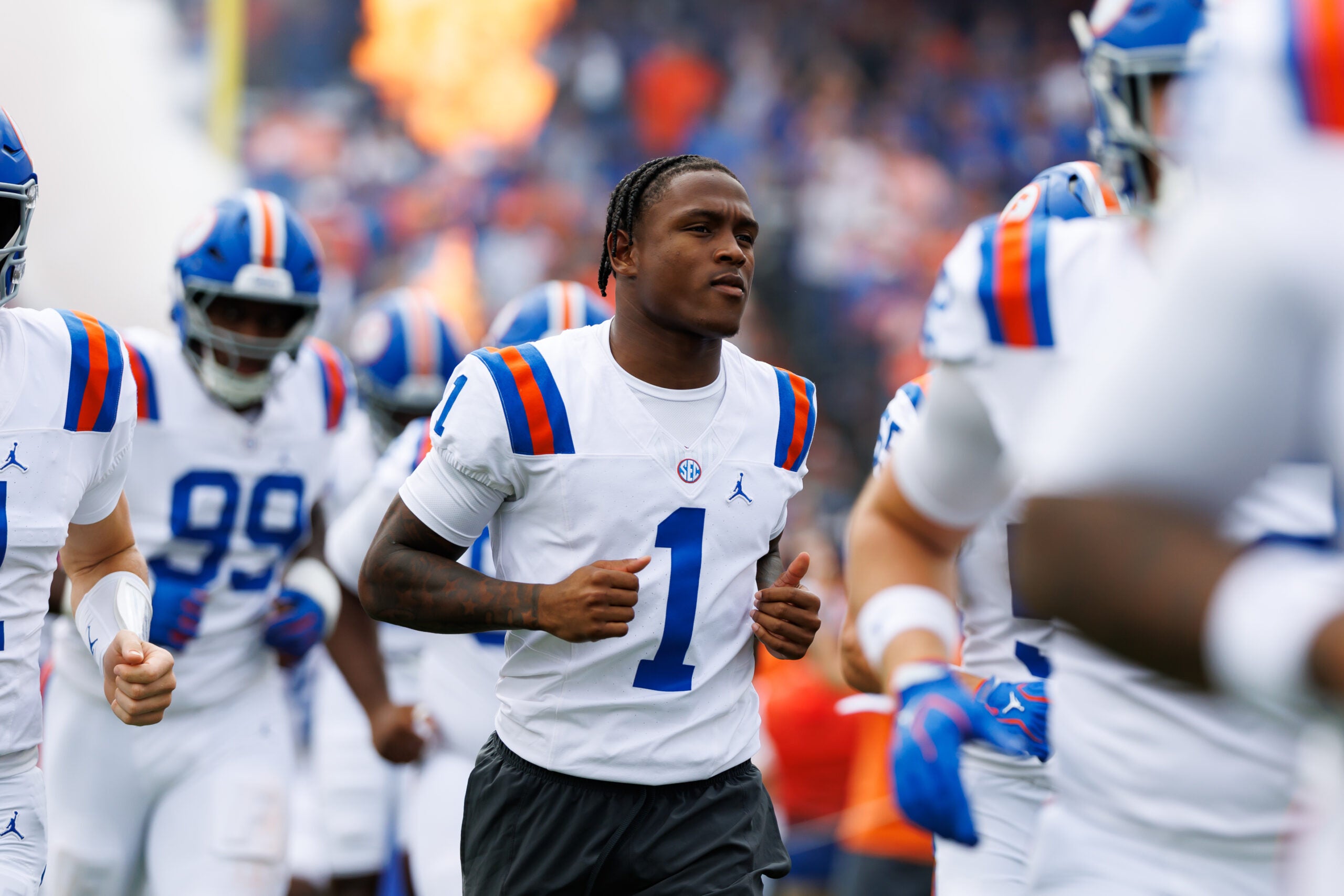 Oct 10, 2026; Gainesville, Florida, USA; Florida Gators wide receiver Vernell Brown III (1) runs on the field with no pads before a game against the South Carolina Gamecocks at Ben Hill Griffin Stadium.