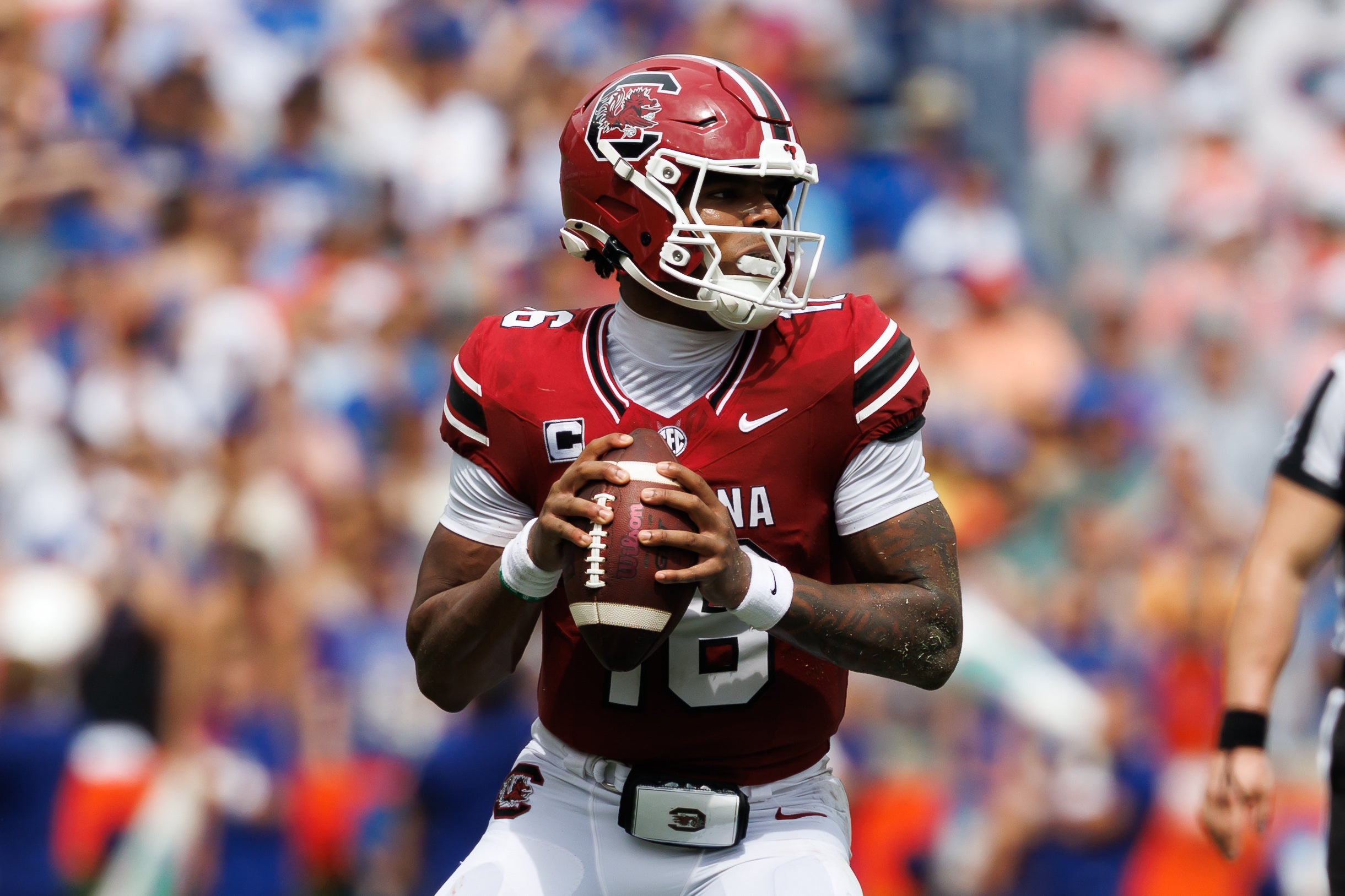 Oct 10, 2026; Gainesville, Florida, USA; South Carolina Gamecocks quarterback LaNorris Sellers (16) looks to throw against the Florida Gators during the first half at Ben Hill Griffin Stadium.