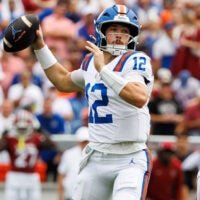 Oct 10, 2026; Gainesville, Florida, USA; Florida Gators quarterback Aaron Philo (12) throws the ball against the South Carolina Gamecocks during the first half at Ben Hill Griffin Stadium.