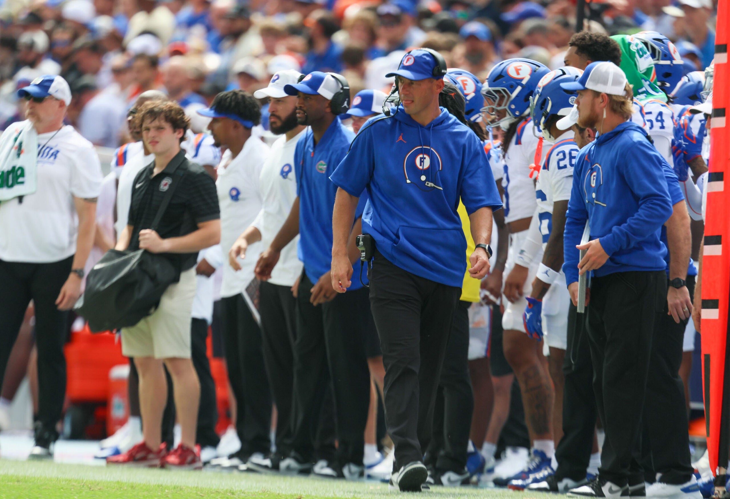 Florida head coach Jon Sumrall watches the action during the first half of an NCAA football at Steve Spurrier Field at Ben Hill Griffin Stadium in Gainesville, FL on Saturday, October 10, 2026.