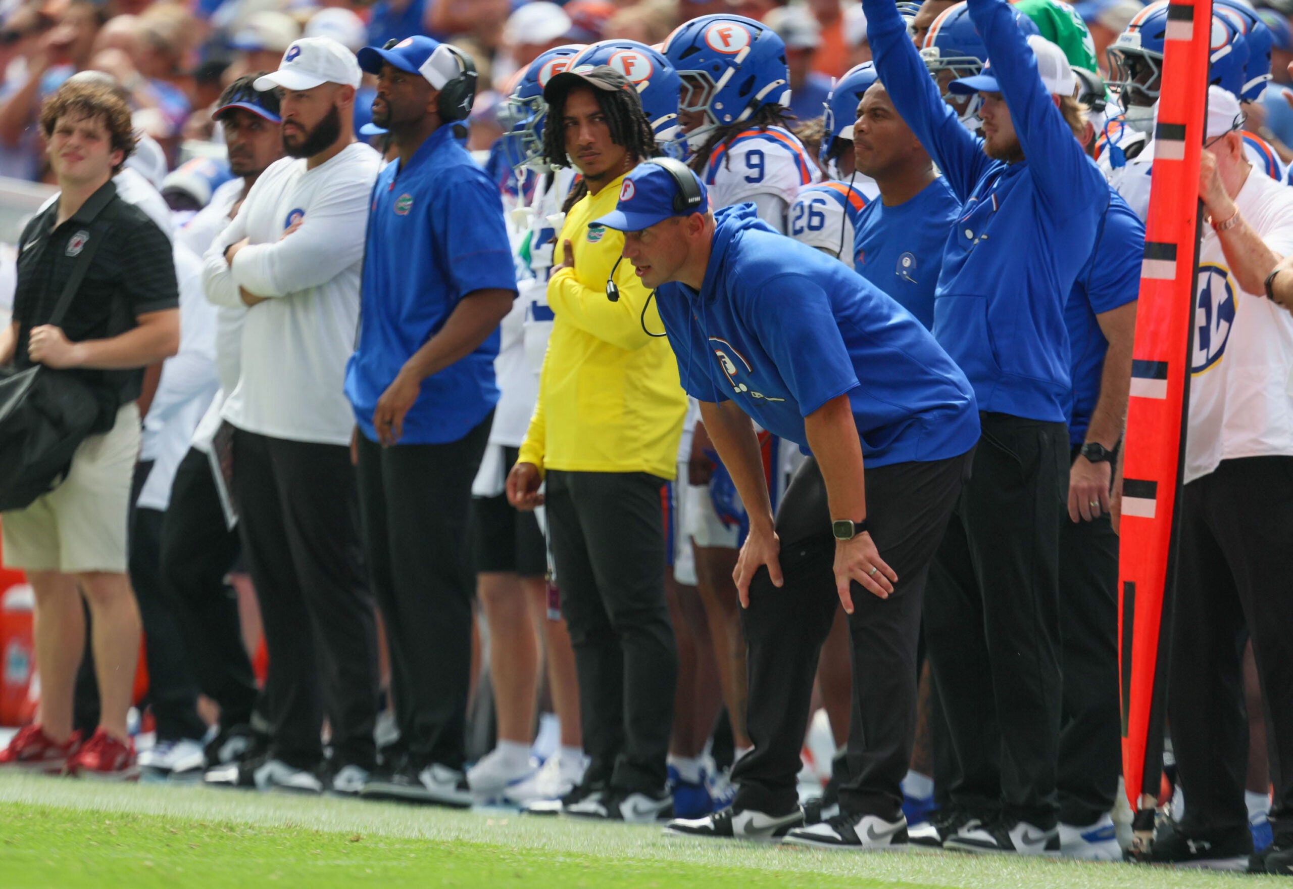 Florida head coach Jon Sumrall watches the action during the first half of an NCAA football at Steve Spurrier Field at Ben Hill Griffin Stadium in Gainesville, FL on Saturday, October 10, 2026.