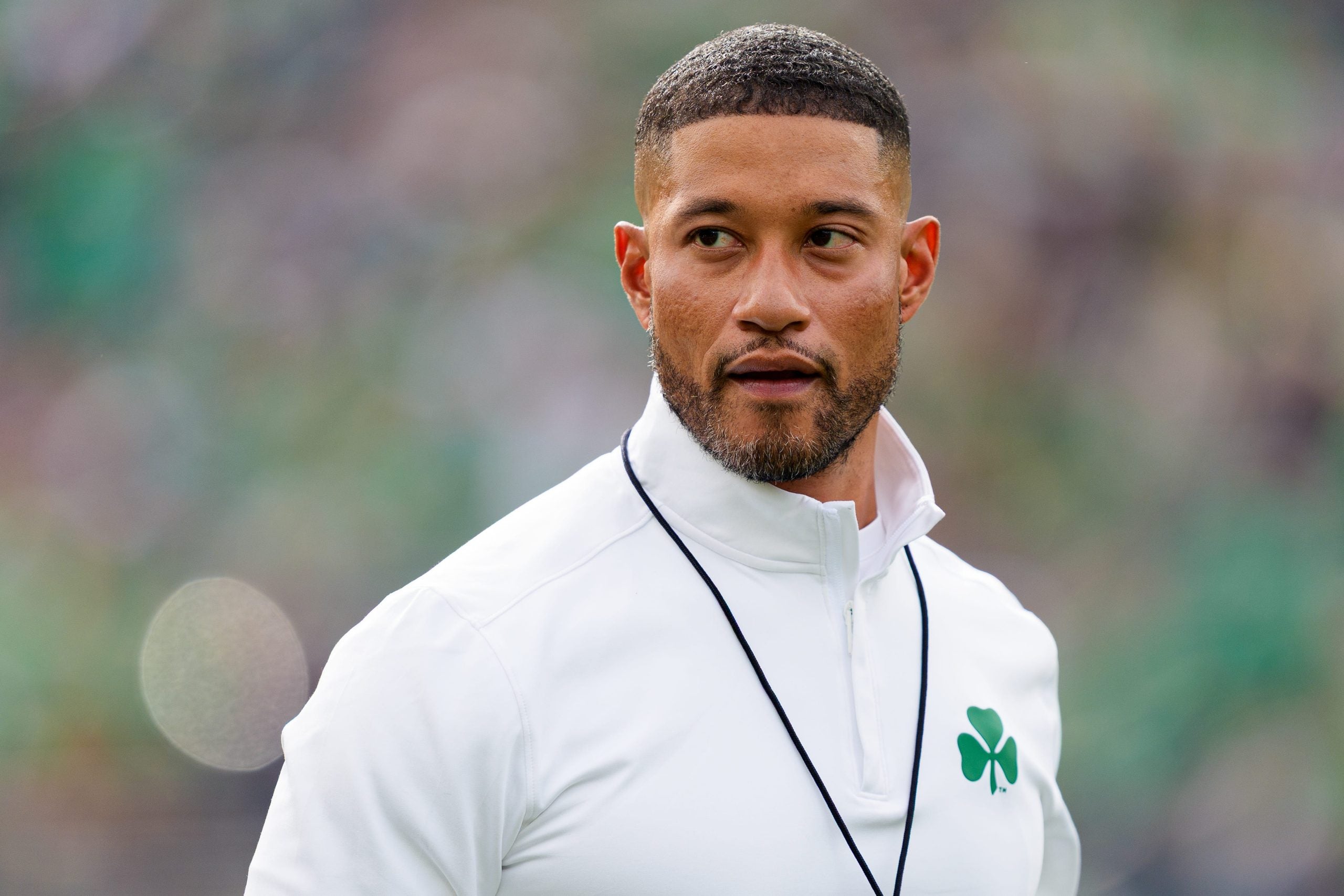 Notre Dame head coach Marcus Freeman walks the field before a NCAA football game against Stanford at Notre Dame Stadium on Saturday, Oct. 10, 2026, in South Bend.