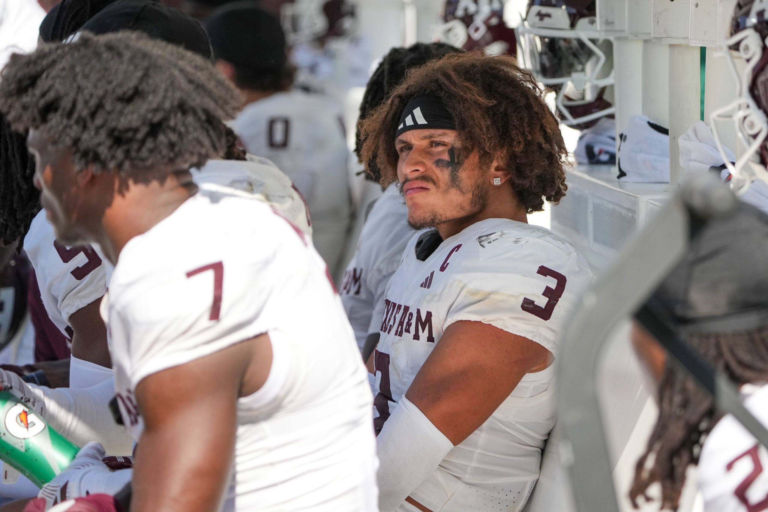 Oct 10, 2026; Columbia, Missouri, USA; Texas A&M Aggies linebacker TJ Smith (30) reacts on the bench against the Missouri Tigers during the second half of the game at Faurot Field at Memorial Stadium.