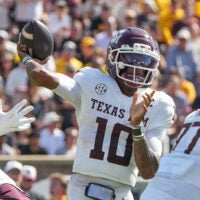 Oct 10, 2026; Columbia, Missouri, USA; Texas A&M Aggies quarterback Marcel Reed (10) throws a pass against the Missouri Tigers during the second half of the game at Faurot Field at Memorial Stadium.