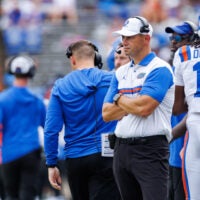 Oct 10, 2026; Gainesville, Florida, USA; Florida Gators head coach Jon Sumrall looks on from the sideline against the South Carolina Gamecocks during the first half at Ben Hill Griffin Stadium.