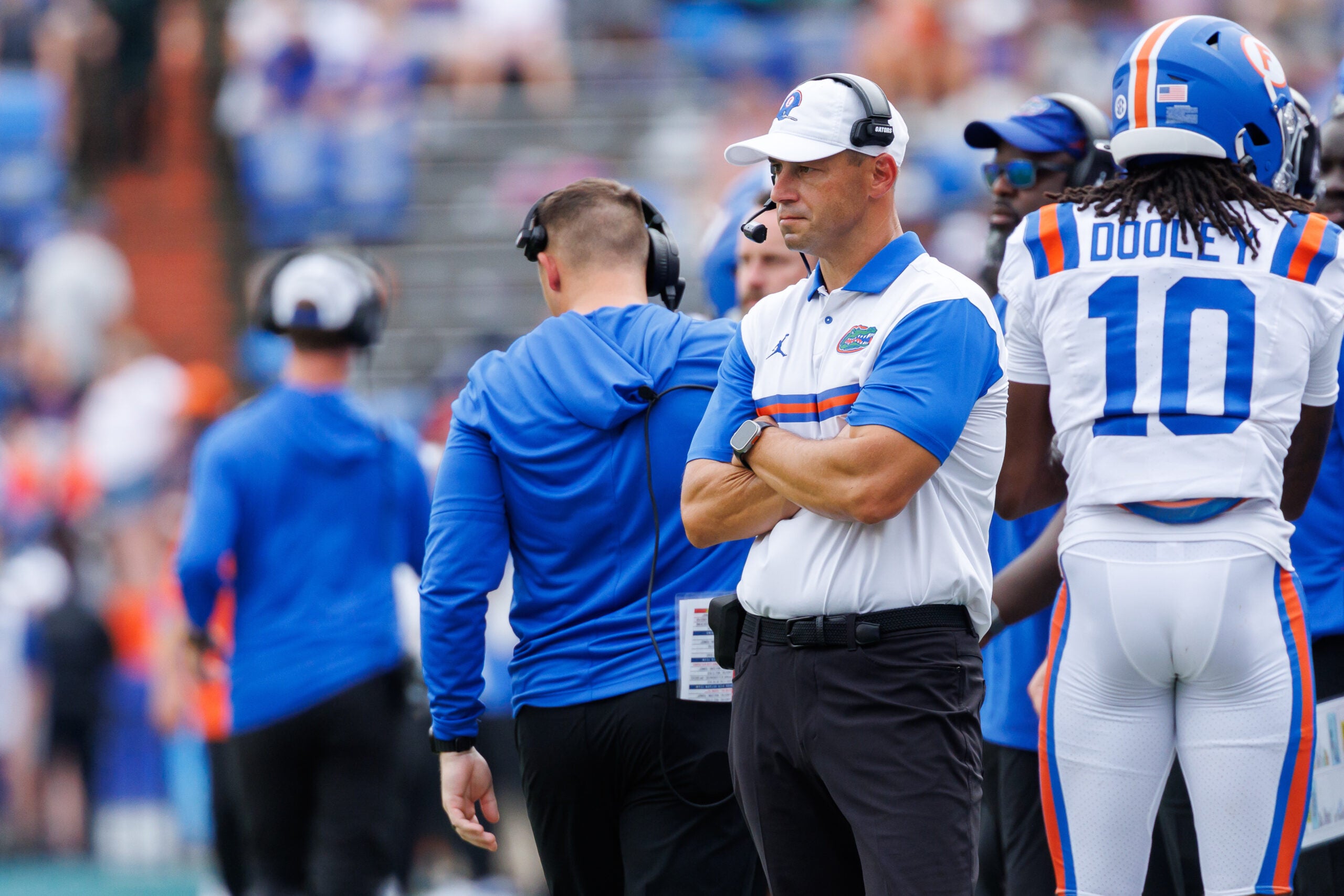 Oct 10, 2026; Gainesville, Florida, USA; Florida Gators head coach Jon Sumrall looks on from the sideline against the South Carolina Gamecocks during the first half at Ben Hill Griffin Stadium.