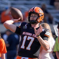 OSU quarterback Drew Mestemaker (17) warms up before an NCAA football game between the Oklahoma State University (OSU) Cowboys and the University of Central Florida (UCF) Knights at Boone Pickens Stadium in Stillwater, Okla., on Saturday, Oct. 10, 2026.