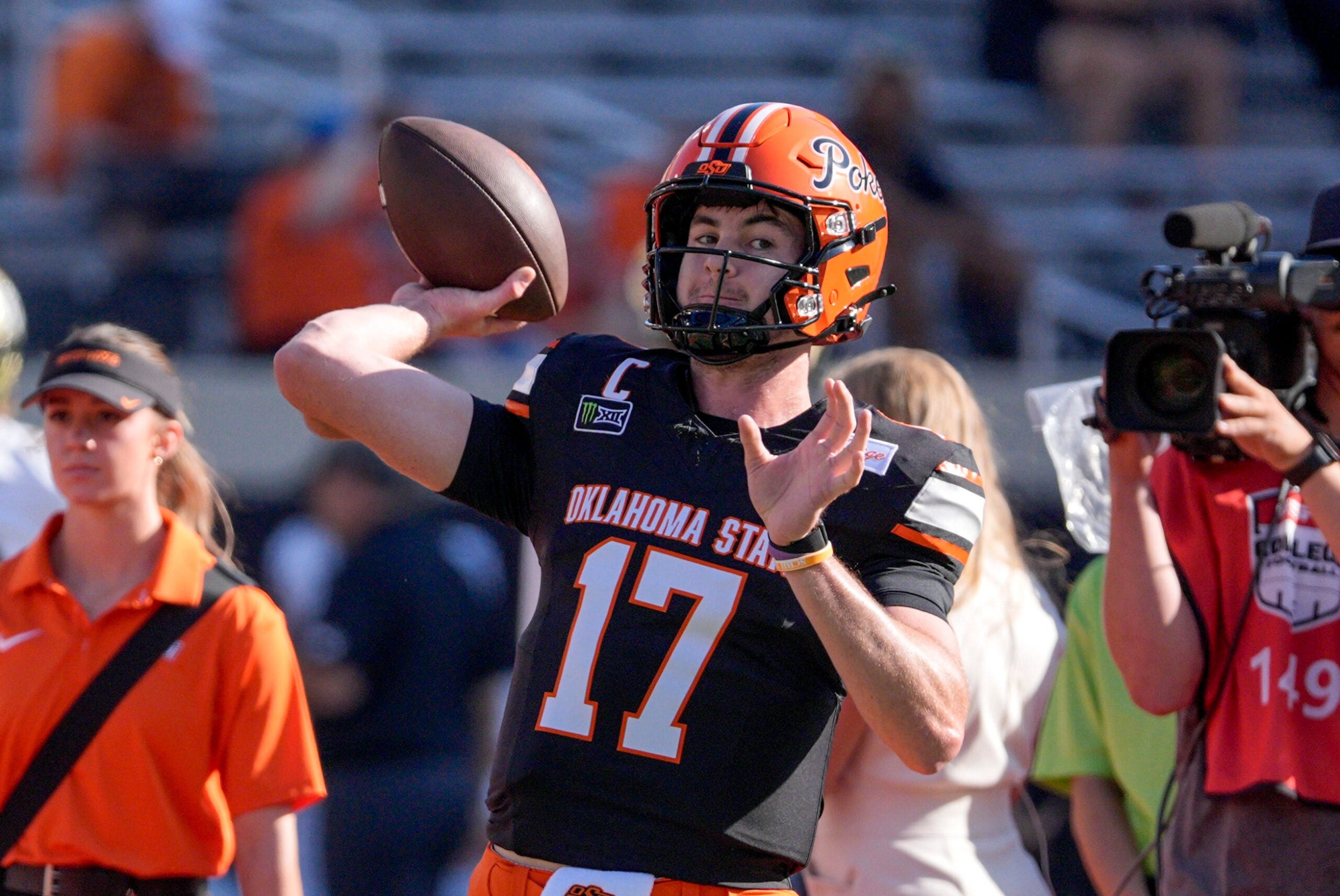 OSU quarterback Drew Mestemaker (17) warms up before an NCAA football game between the Oklahoma State University (OSU) Cowboys and the University of Central Florida (UCF) Knights at Boone Pickens Stadium in Stillwater, Okla., on Saturday, Oct. 10, 2026.