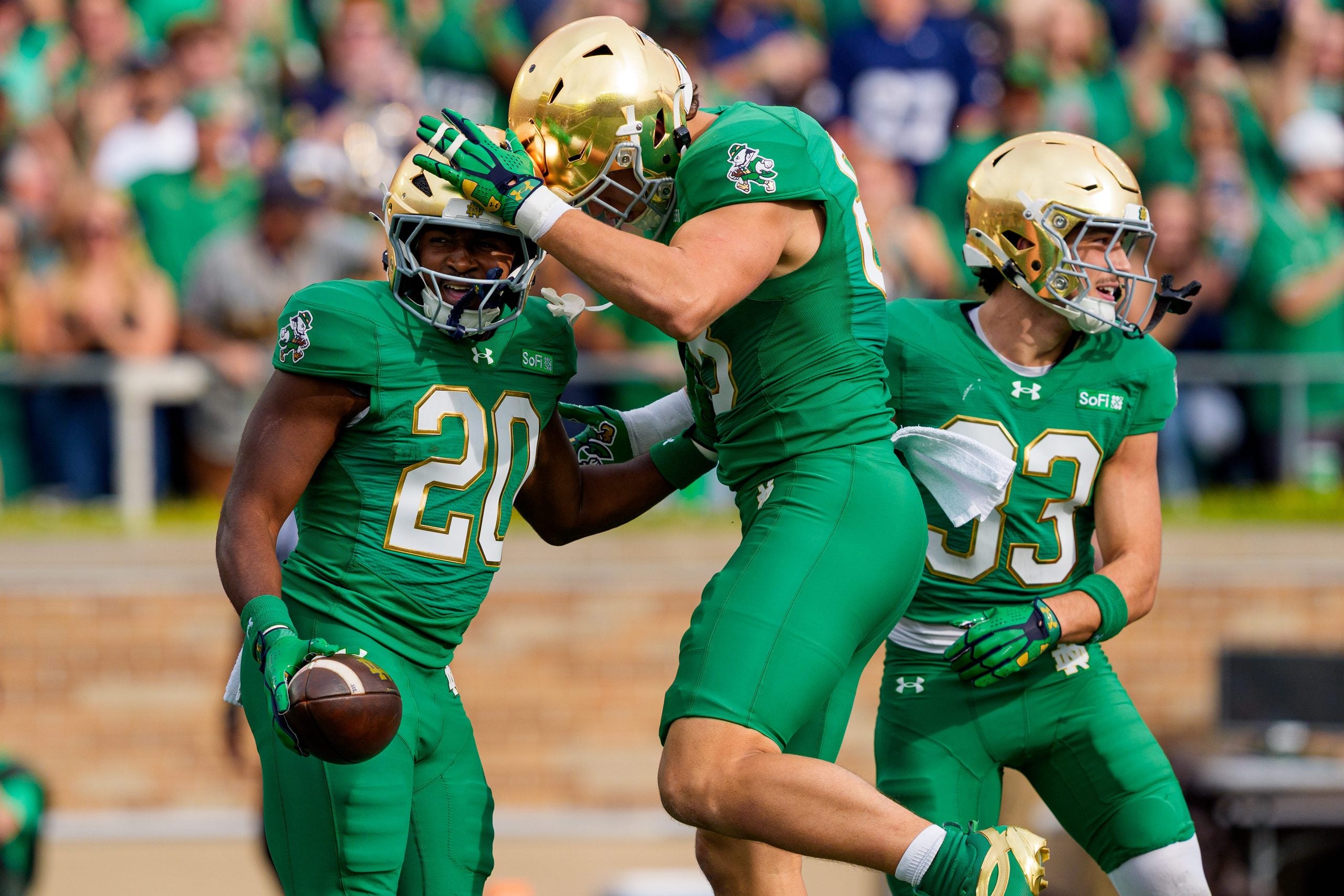 Notre Dame running back Jonaz Walton (20) celebrates after scoring a touchdown during a NCAA football game against Stanford at Notre Dame Stadium on Saturday, Oct. 10, 2026, in South Bend.