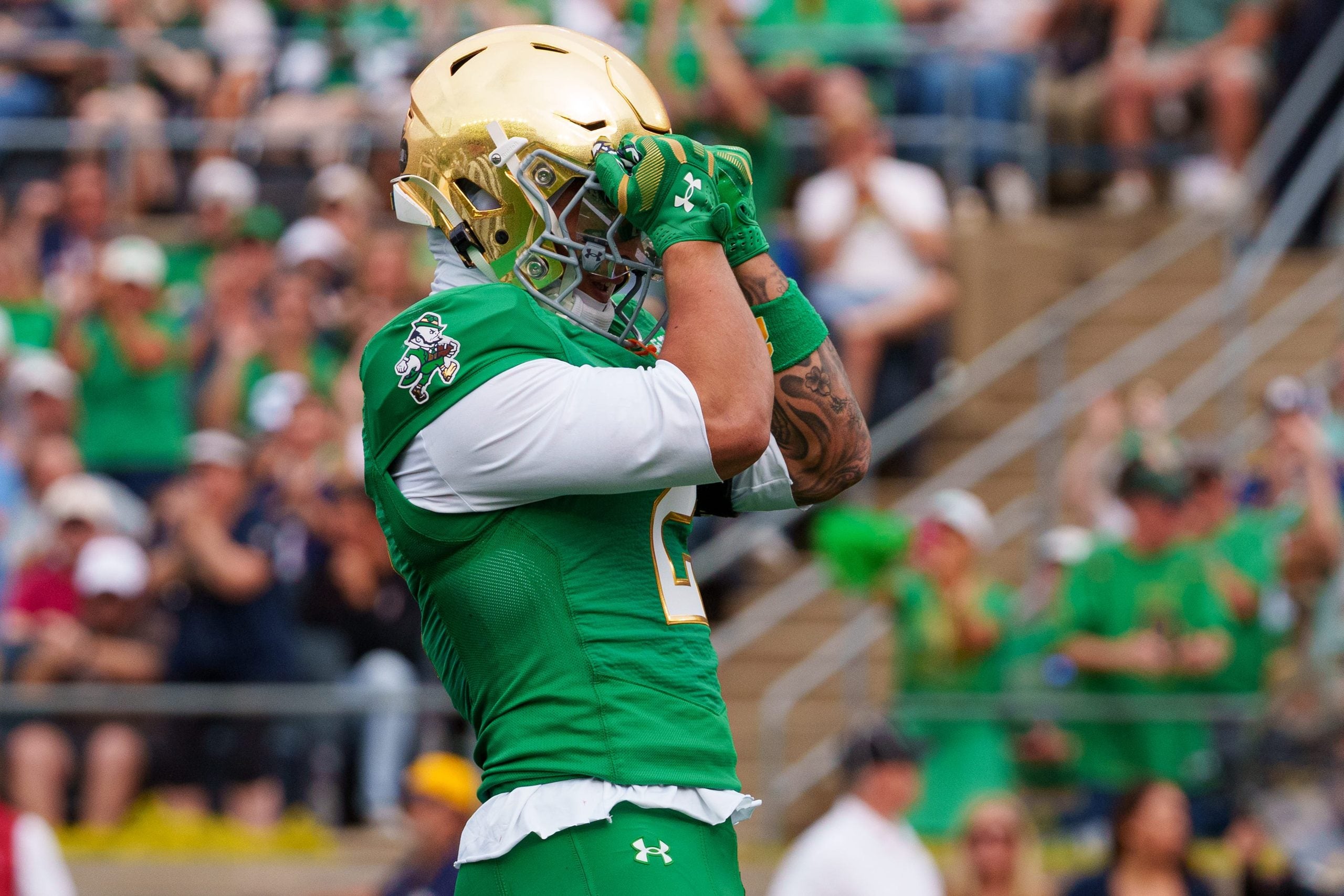 Notre Dame running back Nolan James Jr. celebrates after scoring a touchdown during a NCAA football game against Stanford at Notre Dame Stadium on Saturday, Oct. 10, 2026, in South Bend.