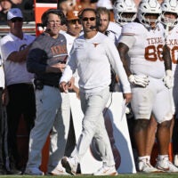 Oct 10, 2026; Dallas, Texas, USA; Texas Longhorns head coach Steve Sarkisian looks on during the second half against the Oklahoma Sooners at Cotton Bowl.