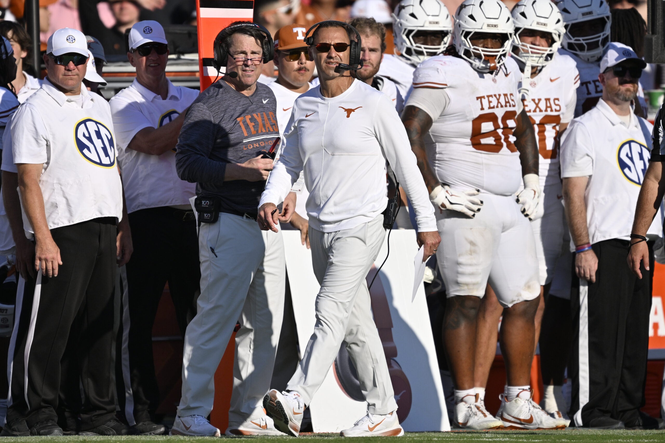 Oct 10, 2026; Dallas, Texas, USA; Texas Longhorns head coach Steve Sarkisian looks on during the second half against the Oklahoma Sooners at Cotton Bowl.