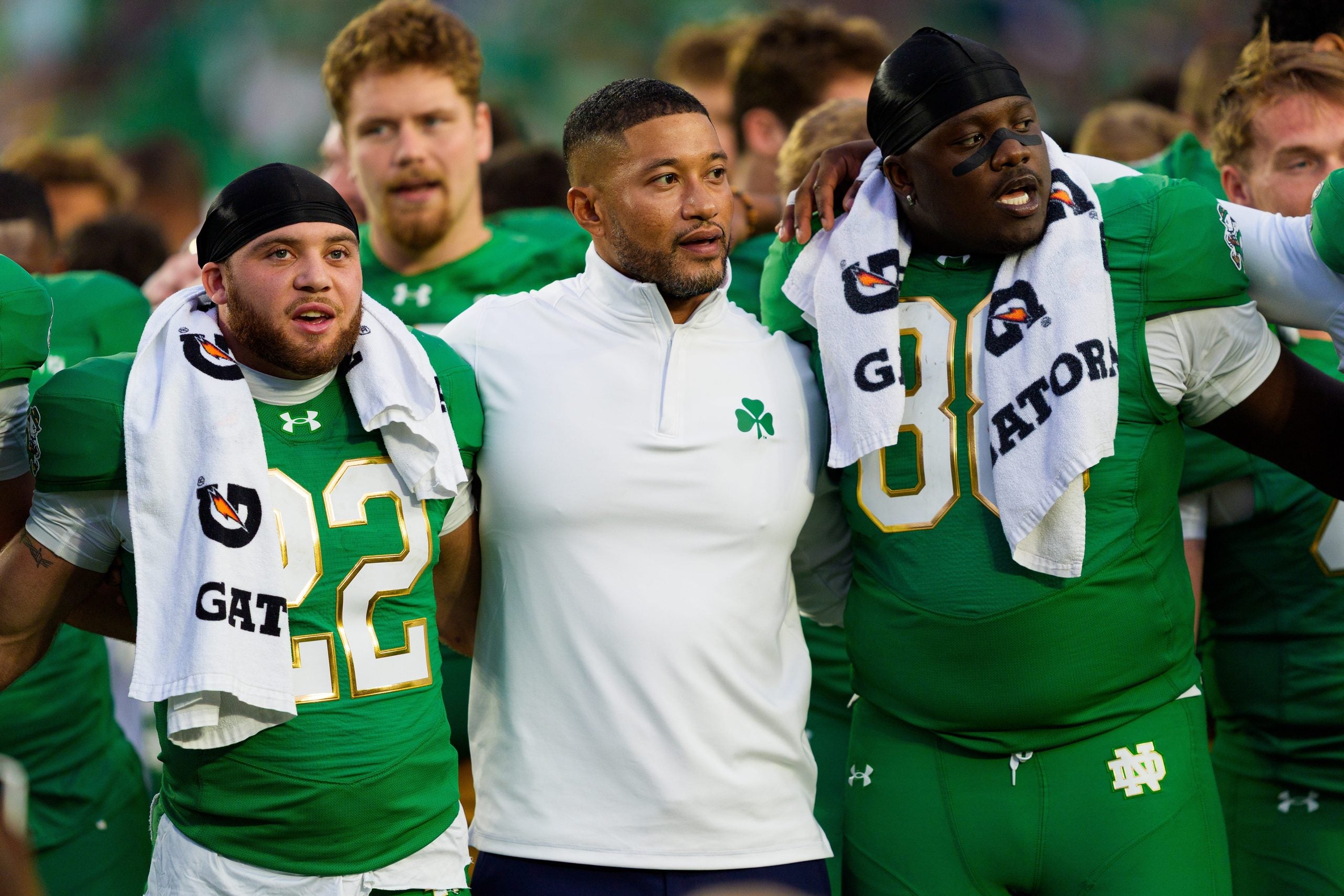 Notre Dame head coach Marcus Freeman, center, celebrates with his team after winning a NCAA football game 58-7 against Stanford at Notre Dame Stadium on Saturday, Oct. 10, 2026, in South Bend.