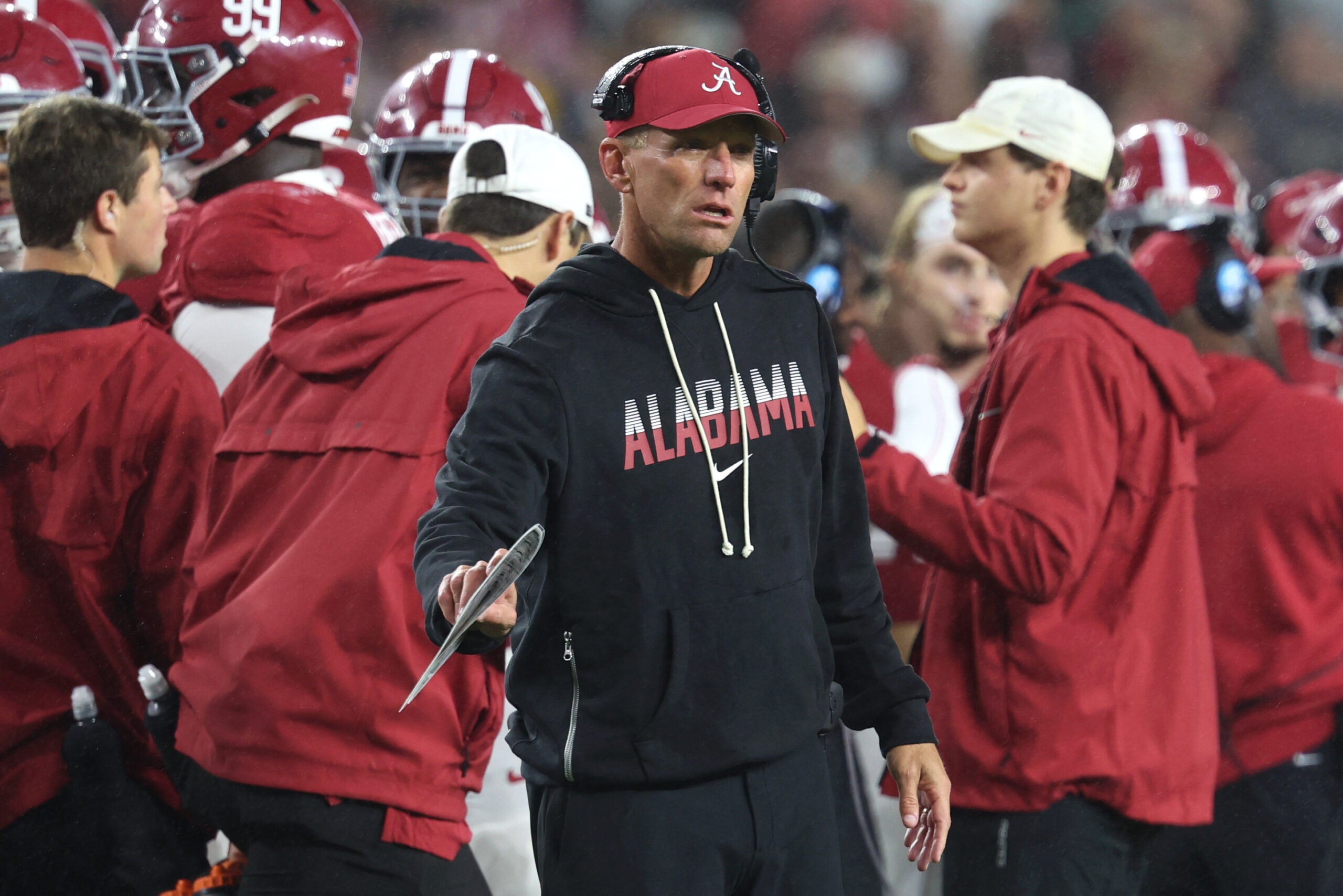Oct 10, 2026; Tuscaloosa, Alabama, USA; Alabama Crimson Tide head coach Kalen DeBoer reacts after a play against the Georgia Bulldogs during the second quarter at Saban Field at Bryant-Denny Stadium.