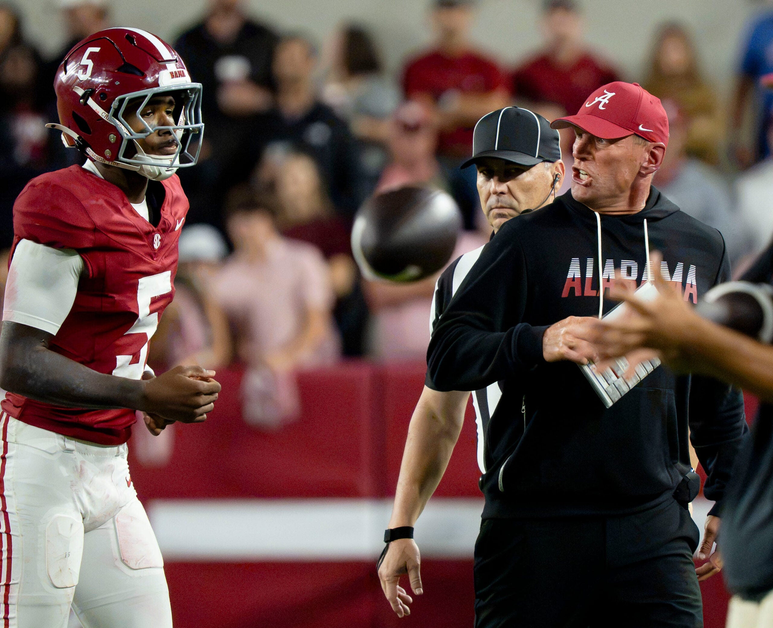 Oct 10, 2026; Tuscaloosa, Alabama, USA; Alabama head coach Kalen DeBoer yells at Alabama Dijon Lee Jr. (5) after Lee committed a personal foul that allowed Georgia to run out the clock at Saban Field at Bryant-Denny Stadium.